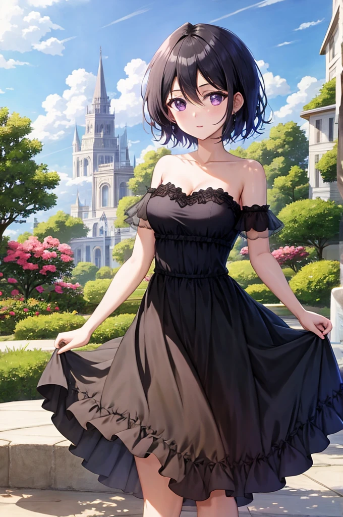 anime screencap, garden background, outside, sunny day, 1 girl, solo, short hair, black hair, purple eyes, black dress, Ruffle Off-the-Shoulder Top, Off-the-Shoulder Dress, Strapless black Dress, bare arms, longer skirt, bare shoulders, looking at viewer, hair between eyes, cowboy shot, lovely legs, facing viewer.