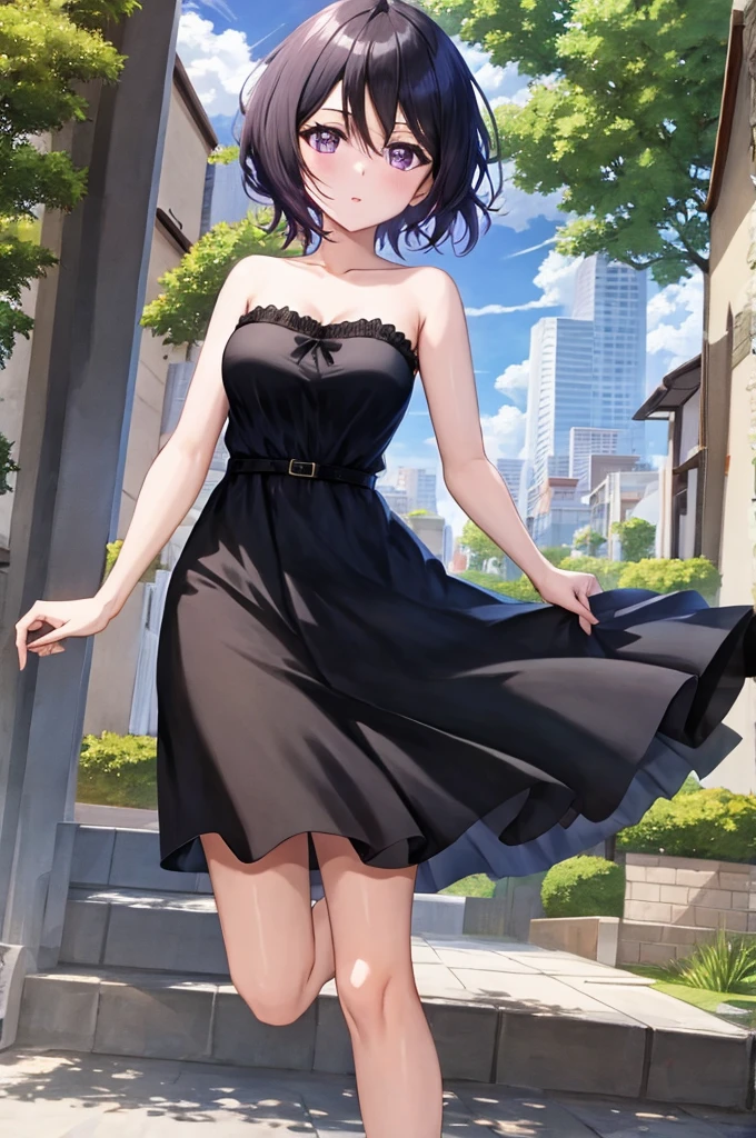 anime screencap, garden background, outside, sunny day, 1 girl, solo, short hair, black hair, purple eyes, black dress, Ruffle Off-the-Shoulder Top, Off-the-Shoulder Dress, Strapless black Dress, bare arms, longer skirt, bare shoulders, looking at viewer, hair between eyes, cowboy shot, lovely legs, facing viewer.