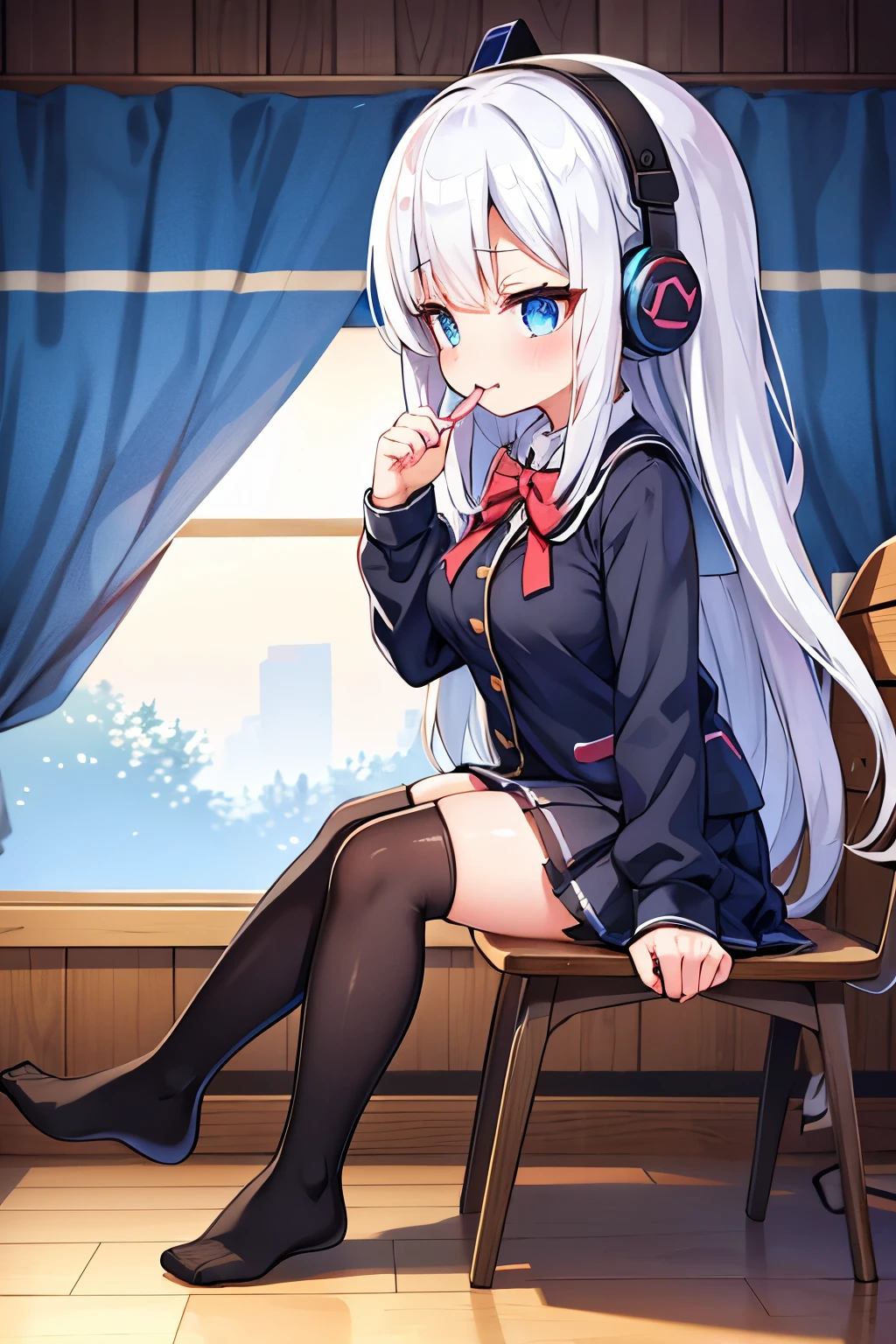 "anime girl, 1 person, silver white hair mixed with black, blue eyes, wearing headphones, female shirt, female school uniform, big breasts, chin in hand, stockings, standing cross-legged, licking lips,chibi,full body ,solo,side view, (full HD 4K+ image)"