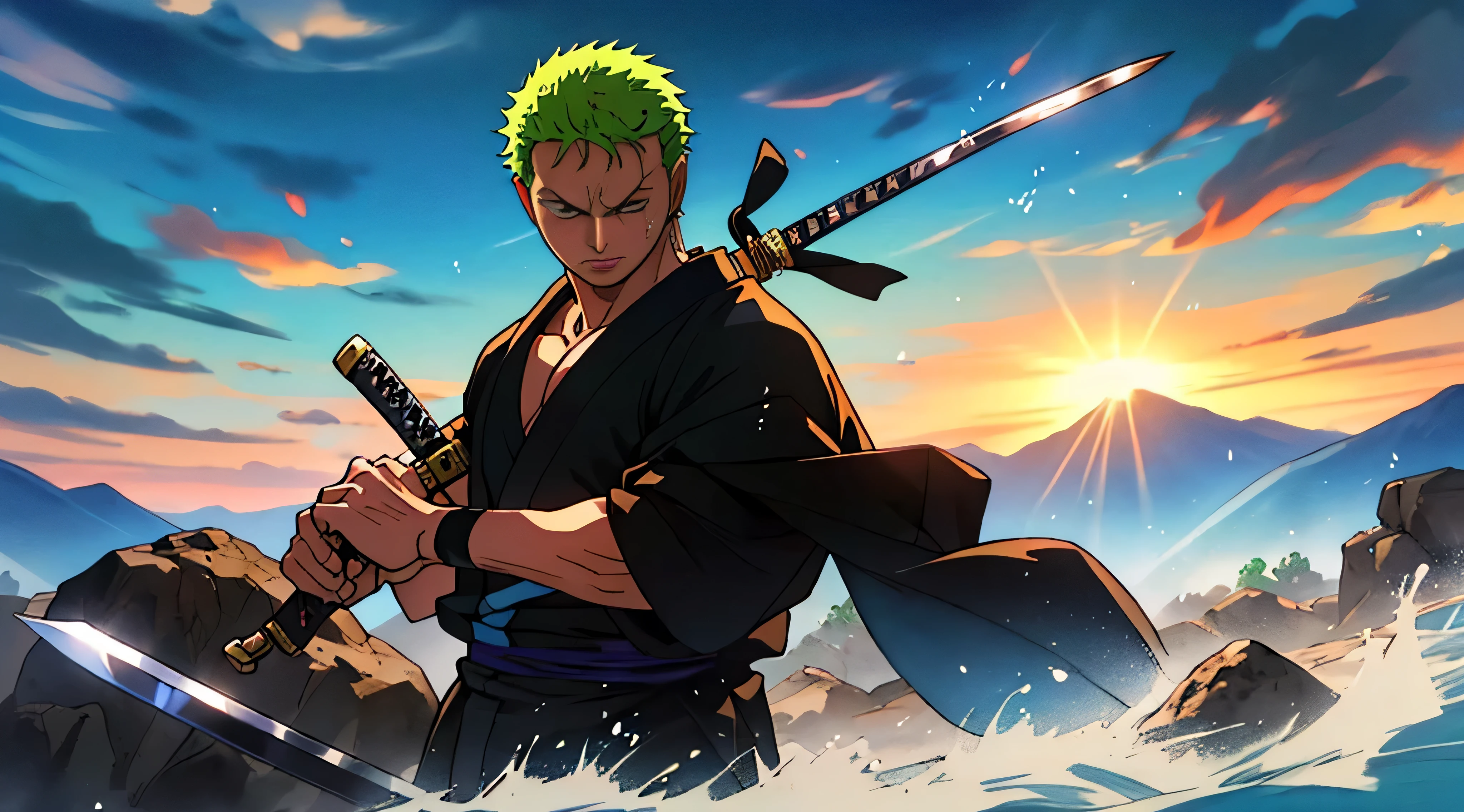 Roronoa Zoro (Masterpiece, 4k resolution, ultra-realistic, very detailed), (Theme of white samurai, charismatic, there is a swordsman next to a Japanese "isakaya" bar, wearing a blue kimono with cloud details on the "obi" track, he is commander of the first division of the leader of the mugiwara band, work "One Piece"), [ ((19 years), (short green hair:1.2),  full body, (blue eyes:1.2), ((Roronoa Zoro's pose), show of strength, unsheathing with one hand his katanas enma), ((Japanese rural environment):0.8)| (rural landscape, at dusk, dynamic lightlinded sun)), 1 katana]. # Explanation: Prompt mainly describes a 4k painting of ultra-high definition, very realistic, very detailed. It shows a swordsman, master of the Santoryu style of katanas, wearing a blue kimono with cloud details at the waist band. The subject in the painting is a subject of a white swordsman, holding with one hand his black katana enma, the male protagonist has short green hair, is 19 years old and his entire defined body is shown in the painting, with characteristics of pumped endomorph.