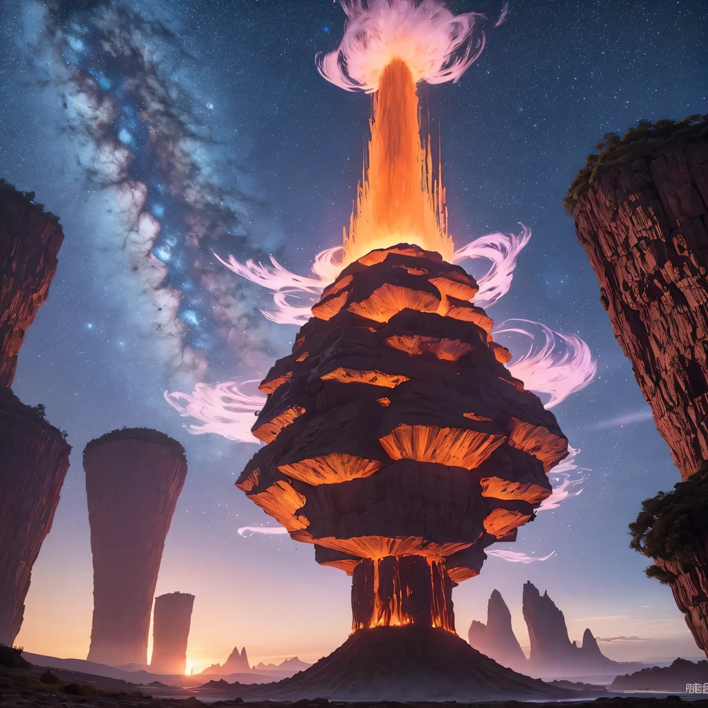 Light orange style,Purple pink series,Alien Hexagonal Base (Nipples are very delicate) In a hexagonal mountain oasis,There are several hexagonal exhaust fans and chimneys, some neon lights project from the base,Light up the night), There are some clouds in the night sky, Some surrounding planets provide air to unknown planets,The most remote giant hexagonal volcano erupts,the rainforest