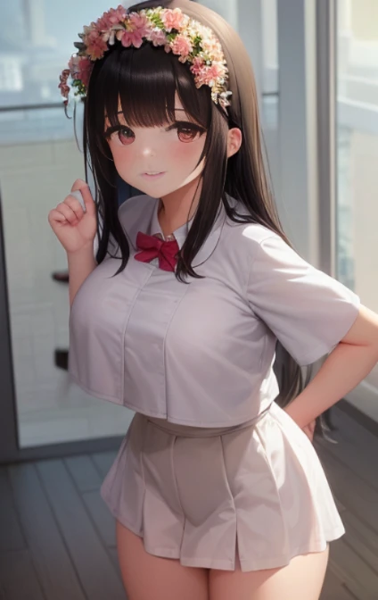 1 Young girls, 独奏, White polo shirt, White sneakers,
, white mini-skirt, tmasterpiece, Best quality at best, realistically, ultra - detailed, (shiny skins, perspired:1.4), Huang Li, looking at viewert, with short black hair, with brown eye,slenderness,Dynamic light and shadow,A high resolution,Focus sharp,depth of fields,The eyes are delicate,Sharp pupils,student reality,(Bigchest:1.6),(upper legs粗:1.0),luring,sky sky,ultra - detailed,tmasterpiece,Best quality at best,love letter,blush blush,Yazawa Nico,red eyes, face flushed,Blunt hair,On the ground, upper legs,chubbiness,ssmile,both hands on hip,Frontal viereet,Flower headdress,mature