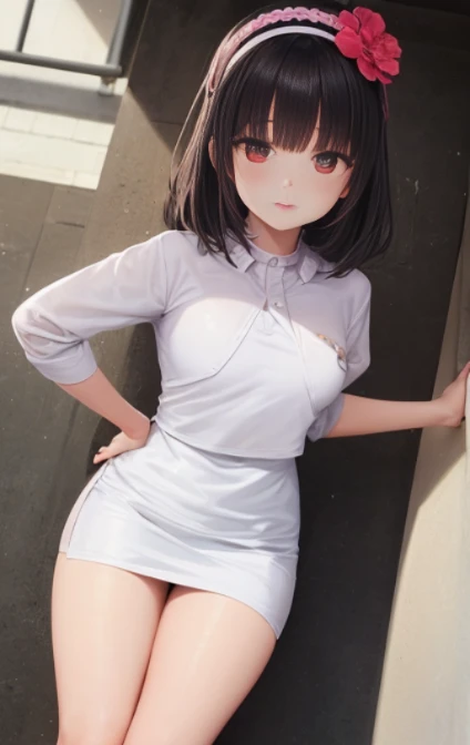 1 Young girls, 独奏, White polo shirt, White sneakers, 
, white mini-skirt, tmasterpiece, Best quality at best, realistically, ultra - detailed, (shiny skins, perspired:1.4), Huang Li, looking at viewert, with short black hair, with brown eye,slenderness,Dynamic light and shadow,A high resolution,Focus sharp,depth of fields,The eyes are delicate,Sharp pupils,student reality,(Bigchest:1.6),(upper legs粗:1.0),luring,sky sky，ultra - detailed，tmasterpiece，Best quality at best，love letter，blush blush，Yazawa Nico,red eyes, face flushed,Blunt hair,On the ground, upper legs，chubbiness，ssmile，both hands on hip，Frontal viereet，Flower headdress，mature