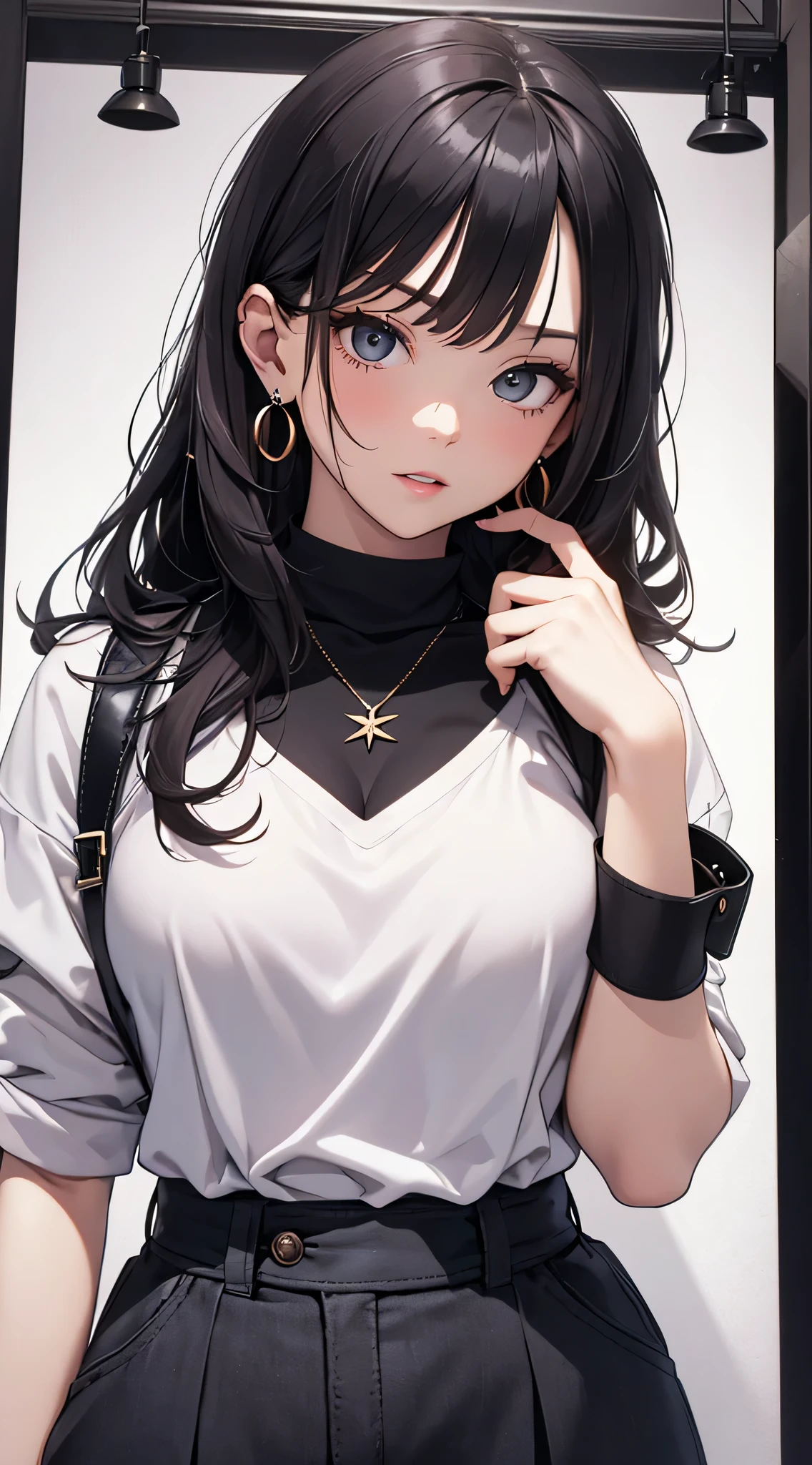 top-quality、Top image quality、​masterpiece、Teenage girl((White shirt、Long black trousers、18year old、 Ager、Best Bust、big bast,Black eyes, Black hair、A slender,Large valleys、red lipsticks、Black eyeshadow、Cute earrings、銀の腕時計、sexypose、Bring your chest together、Stylish shoulder bag)),hiquality、Beautiful Art、Background with((white wall for photography、Multiple cameras、Shooting range))​masterpiece、depth of fields,Cinematic style