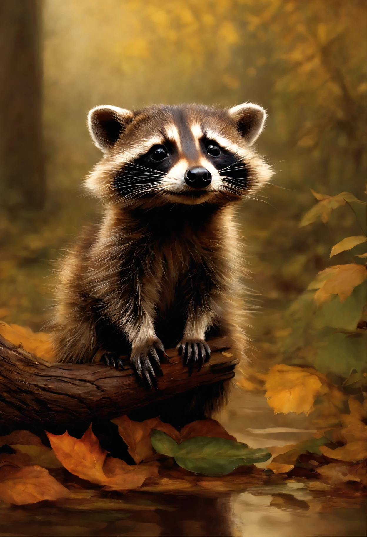 真实感, Painting by Jean-Baptiste Monge of a cute baby Raccoon... , touches an oak leaf with his paw, puddles on a summer autumn day, jean - baptiste monge, anthropomorphic --ar 2:3 --testp -optimistic;