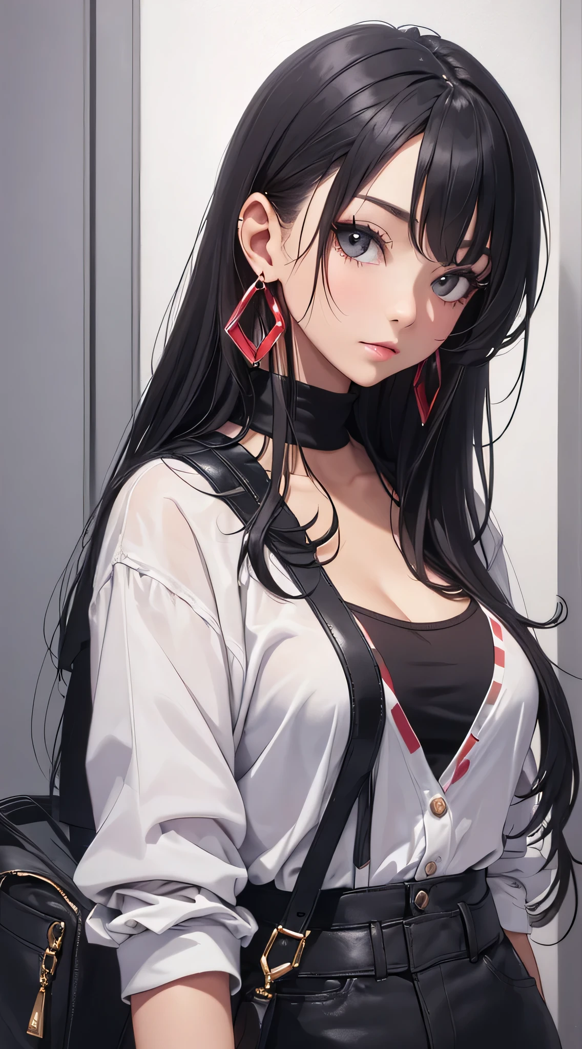 top-quality、Top image quality、masterpiece、 girl((White shirt、Long black trousers、18year old、 Ager、Best Bust、big bast,Black eyes, Black hair、A slender,Large valleys、red lipsticks、Black eyeshadow、Cute earrings、銀の腕時計、sexypose、Bring your chest together、Stylish shoulder bag)),hiquality、Beautiful Art、Background with((white wall for photography、Multiple cameras、Shooting range))masterpiece、depth of fields,Cinematic style