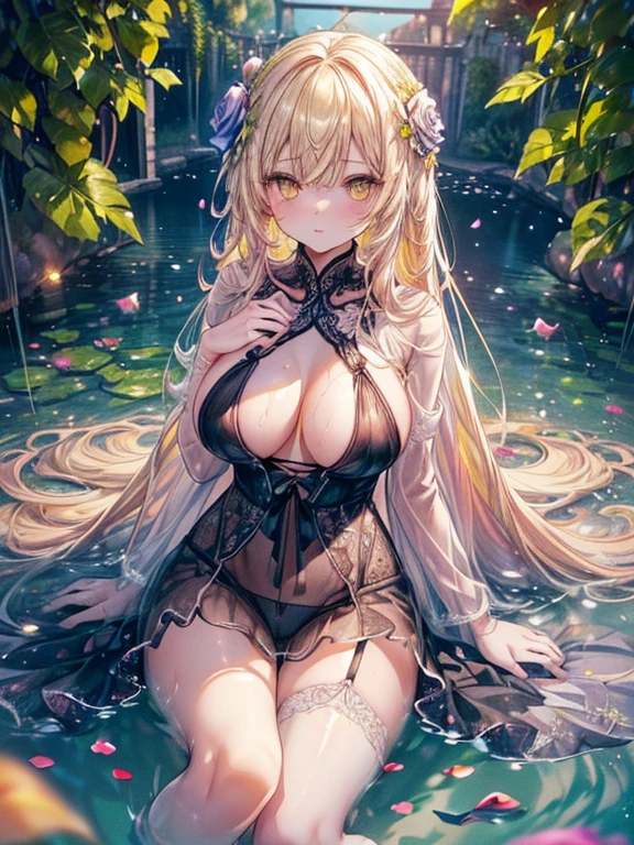 ((Finest quality)),(超A high resolution),(Ultra-detailed細),(Meticulous portrayal),((the most picturesque works of art),Ultra-Precision Art,The art of astounding depiction,Fantasyart:1.5, ((Beautiful flowers々:1.5)),((Creeper:1.5)), (Body eroded by flowers:1.3),Glamorous body:1.3,fancy background effects、​masterpiece、Fancy details、(NSFW 1.1), ((1girl in)), ((masutepiece)), ((Highly detailed:1.3)), In crystal clear water,beautiful woman entering the lake, ((long yellow hair)), Wet hair, Wearing a light transparent dress, clothed bathing, steam, (Rose petals floating in water:1.3), Early morning light, Ivory Gold AI, windows, Crepscular lighting, 、Lace sheer underwear、very very gigantic boobs、Pink nipples、pink areolae，透けて見えるPink nipples、透明なpink areolae、lace and string shorts.、princess carry,Sexy lingerie with lace and strings,See-through sexy lingerie,Transparent lingerie、translucent  dress、pearlsescent、pearls、Sexy Harness、Sexy garter belt、Sexy Stockings、Well equipped,intimate, rose garden、Multicolored roses、lake with floating roses、Lying down、Open legs、Spread your legs、Open thighs、Immersion in water、Wet body、splash water、gorgeous flower decoration、big flowers、stylish hair、Moon, lantern, Night, Solo, playing in the water, Water, hair flower, flower, Outdoors, skyporn, full Moon, Rain, lantern, wet clothes, skyporn, wet hair (((masutepiece),(the Extremely Detailed CG Unity 8K Wallpapers),Best Quality,Cinematic lighting,Detailed background,Beautiful detailed eyes,Bright pupils, (extremely delicate and beautiful),(Beautiful and detailed eyes description)， Ultra-detailed,masutepiece,)),((Yellow eyes))、