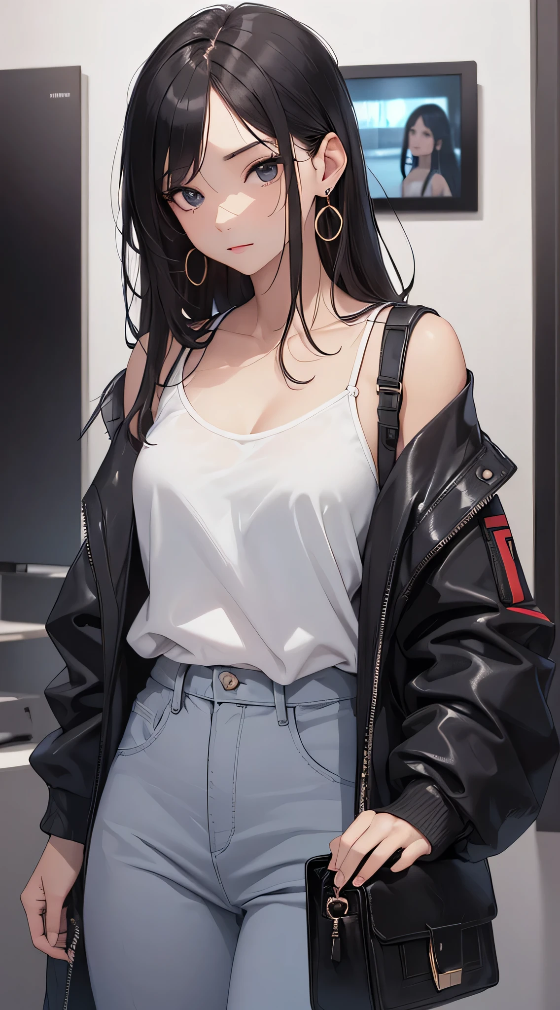 top-quality、Top image quality、​masterpiece、Teenage girl((White shirt、Long black trousers、18year old、 Ager、Best Bust、big bast,Black eyes, Black hair、A slender,Large valleys、red lipsticks、Black eyeshadow、Cute earrings、銀の腕時計、sexypose、Bring your chest together、Stylish shoulder bag)),hiquality、Beautiful Art、Background with((white wall for photography、Multiple cameras、Shooting range))​masterpiece、depth of fields,Cinematic style