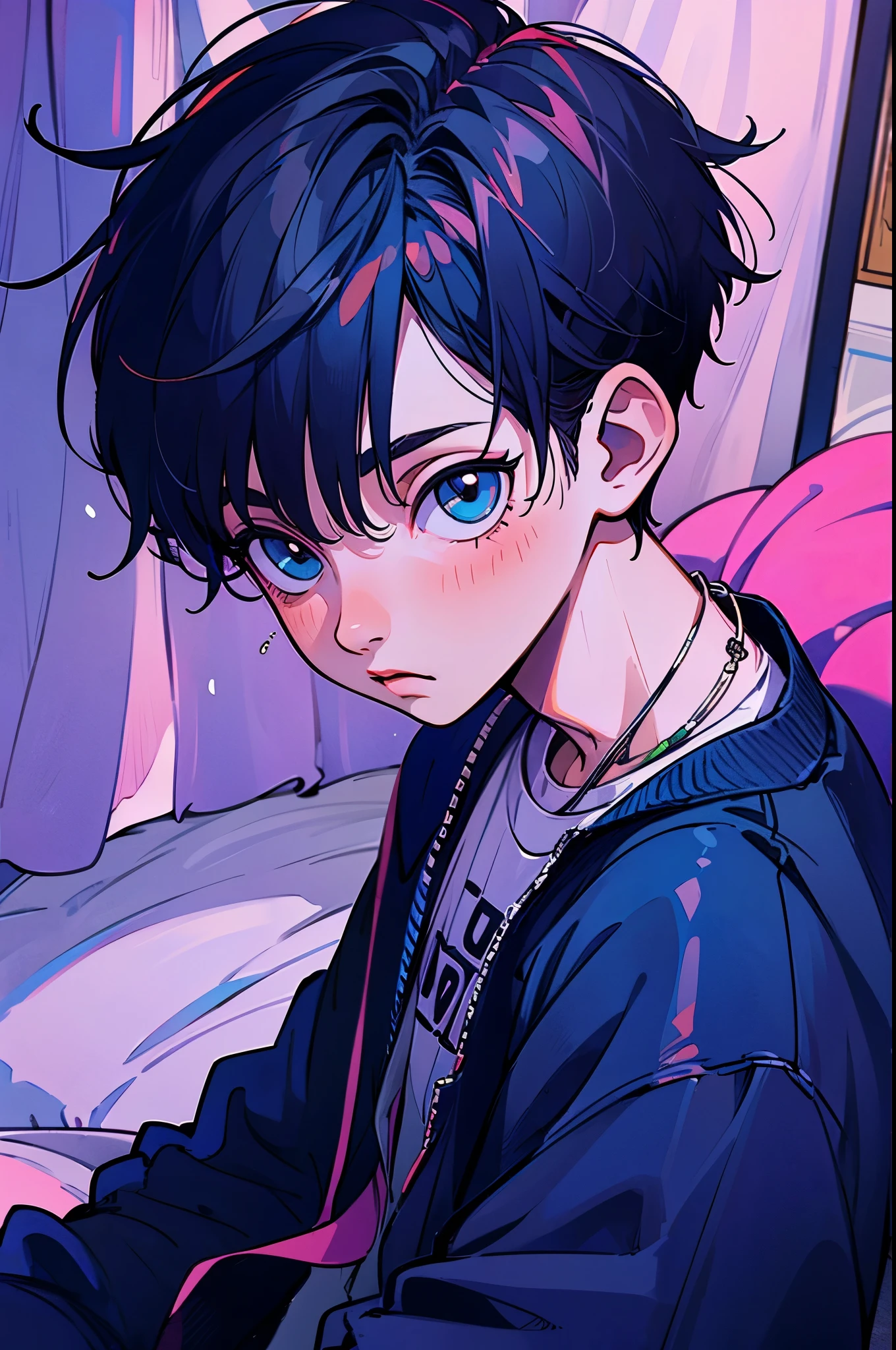 Um boy adolescente em seu quarto escuro, com sua mente criatuva, thinking about the options of what he wants to become in the future