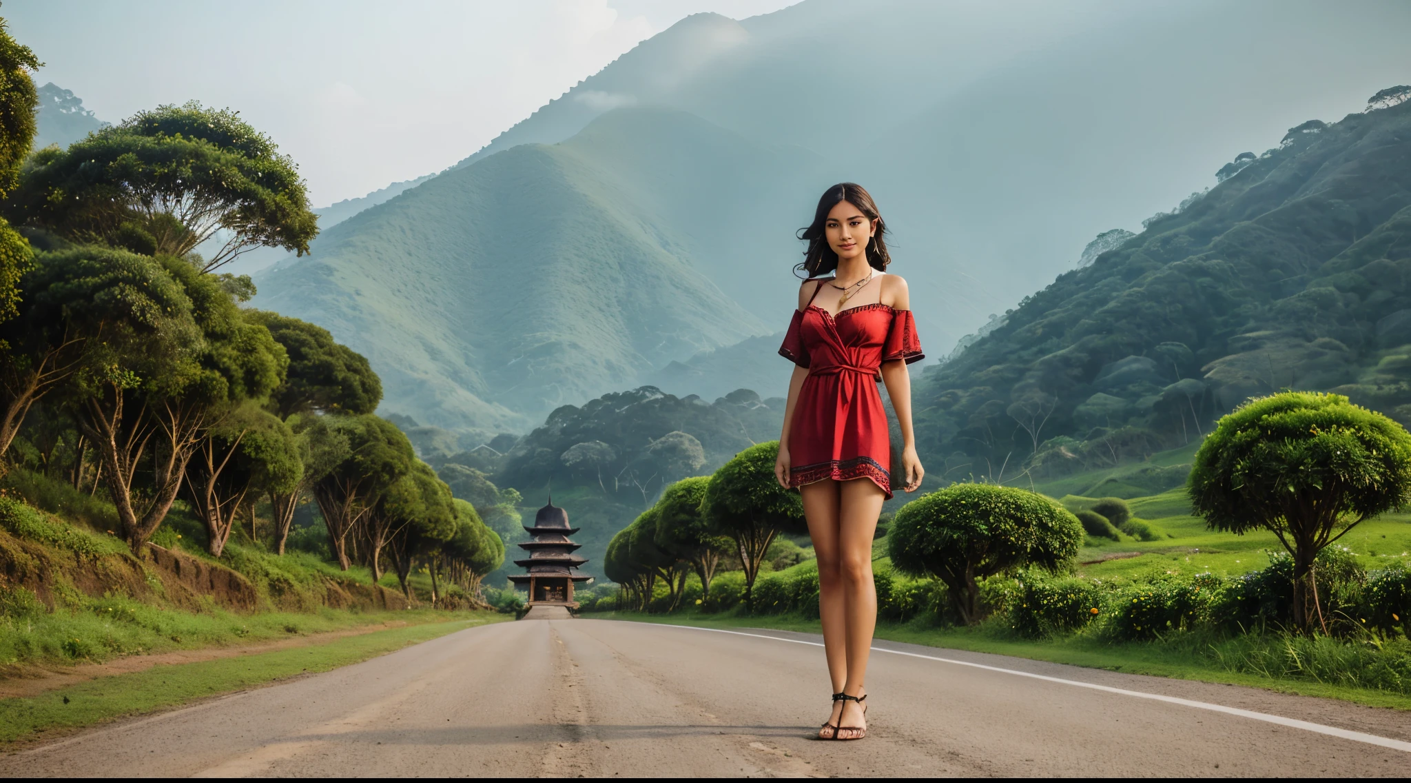 ((a girl (stand:1.2) (alone:1.6) on the road)),((full-body:1.2, cinematic-shot)),(best quality,4k,8k,highres,masterpiece:1.2),ultra-detailed,(realistic,photorealistic,photo-realistic:1.37),(beautiful and aesthetic:1.2),(film grain:1.3).

[(1girl),(solo),((1 person)),(19years-old),[Raiana-Elizabeth-Dilla],pearl skin,(skin pores:1.1),beautiful detailed eyes,beautiful detailed lips,extremely detailed eyes,longeyelashes,extremely detailed face and skin texture,(skin texture:1.1),black hair,tall and slender body,(192cm tall),thin and delicate figure,graceful posture,flawless skin,defined abs,perfect curves,feminine appearance,beautiful long legs,embodying elegance and beauty,(cleavage breasts,large breasts:1.4),((wearing a sexy ((ultra-short (red) bohemian-style mini-shirt-dress)):1.4),extremely detailed and realistic (red) clothes,(shiny skin),((sharp focus:1.5)),(earringeathers:1.5),(happy expression,full smile)].

[indonesian country road,tree-lined path,incredible tropical landscape,serene atmosphere,dappled sunlight,greenery vanishing into the distance,peaceful countryside scene,rustic charm,scenic beauty,vibrant colors,untouched nature,tranquil oasis,hidden gem,exotic flora and fauna,cultural diversity,rich heritage,natural wonders,traditional wooden houses,rolling hills,gentle breeze,rural life,idyllic setting,lush vegetation,farmland,traditional farming techniques,flocks of birds,exquisite craftsmanship,timeless beauty,slow-paced lifestyle,rugged terrain,inviting paths,verdant fields,faded signposts,ancient temples,gracious locals,warm smiles,colossal mountains,misty vastness,harmony with nature,distant volcano,gorgeous sunset,picturesque view,instilling a sense of wanderlust,serenity amidst chaos,unexplored corners,ethereal beauty,escapism from the modern world,blissful escape into the heart of Indonesia,unforgettable journey].

Official art,extremely detailed,Angelic ethereal beauty,award-winning photography,professional photography,depth-of-field.