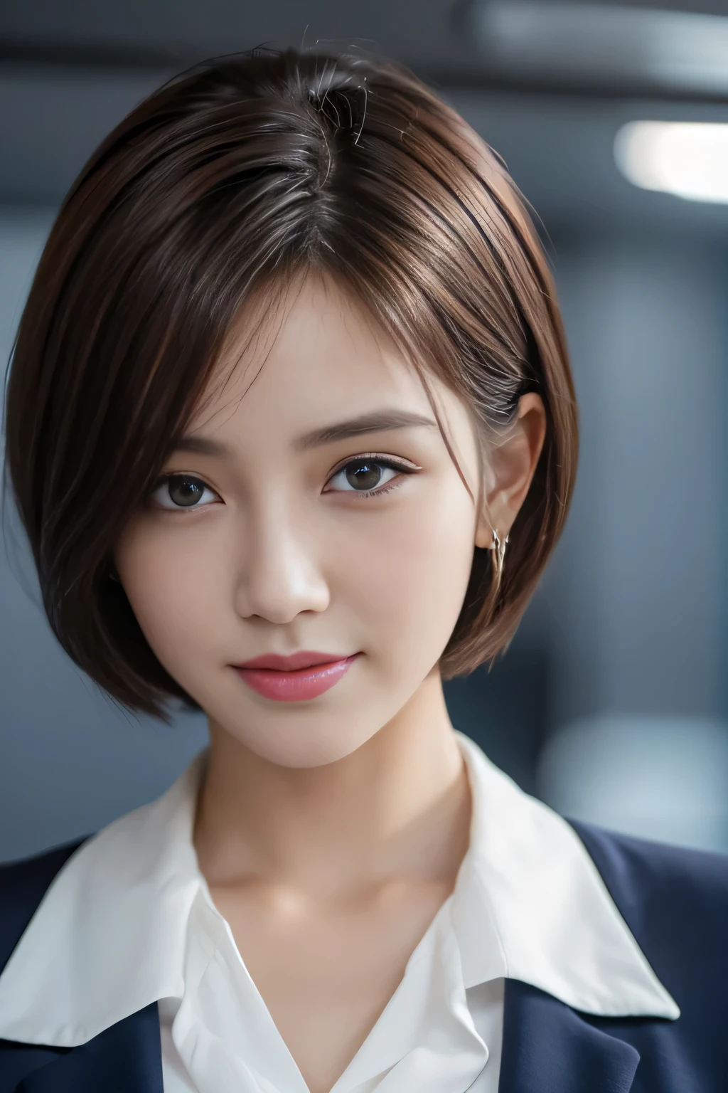 Best quality at best, realistically, ultra - detailed, Detailed pubic hair, A high resolution, solid color backdrop,8k wallpaper, 1 Beautiful woman,Short hair details, Wear a flight attendant suit, lock focus, Perfect dynamic composition, beautidful eyes, Delicate hair, 细致realistically的皮肤纹理, Smiling, closeup portrait, Model body type