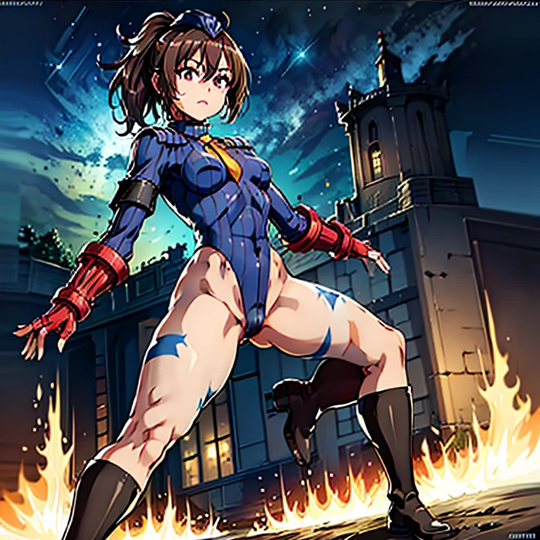 ultra-detailed, Explicit, Beautiful body, Beautiful Nose, Beautiful character design, perfect eyes, perfect face, ultra highres, 4K, beautiful legs, perfect legs, Nice hands, Perfect hand, Masterpiece, Best Quality, Highly detailed, illustration, absurdres, street fighter, doll suit, shadaloo doll, dollsuit, girls, multiple girls, expressionless, blank eyes, looking at viewer, red gloves, emotionless, black latex, corrution, mind control, female combatant, full body, hypnotized, unhappy trance, full body suit, ribbed bodysuit, both arms at side, obey, perfect female body, extremely glossy latex, hypnosis, hypnoLora, empty eyes, Mind control device, poses, submissive_pose, Slave, hat, necktie, stand up straight, standing, standing at attention, hat, necktie, belt, latex, ribbed bodysuit, thighhighs, garter belt, Fighting Stance, brown hair, ponytail, short hair, purple eyes, Momozono Momoka, Dokyuu Hentai HxEros