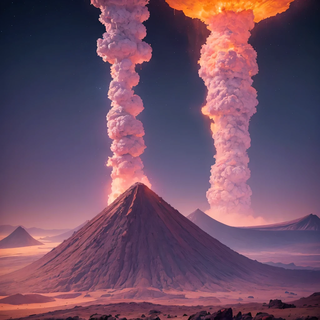 volcano erupting during the day with snow on top and flying saucer nearby