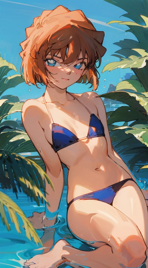 femele,eighteen years old,Short hair details,(The beautiful),The face is shy,There is water on the body,Barefoot,Wearing a super small bikini