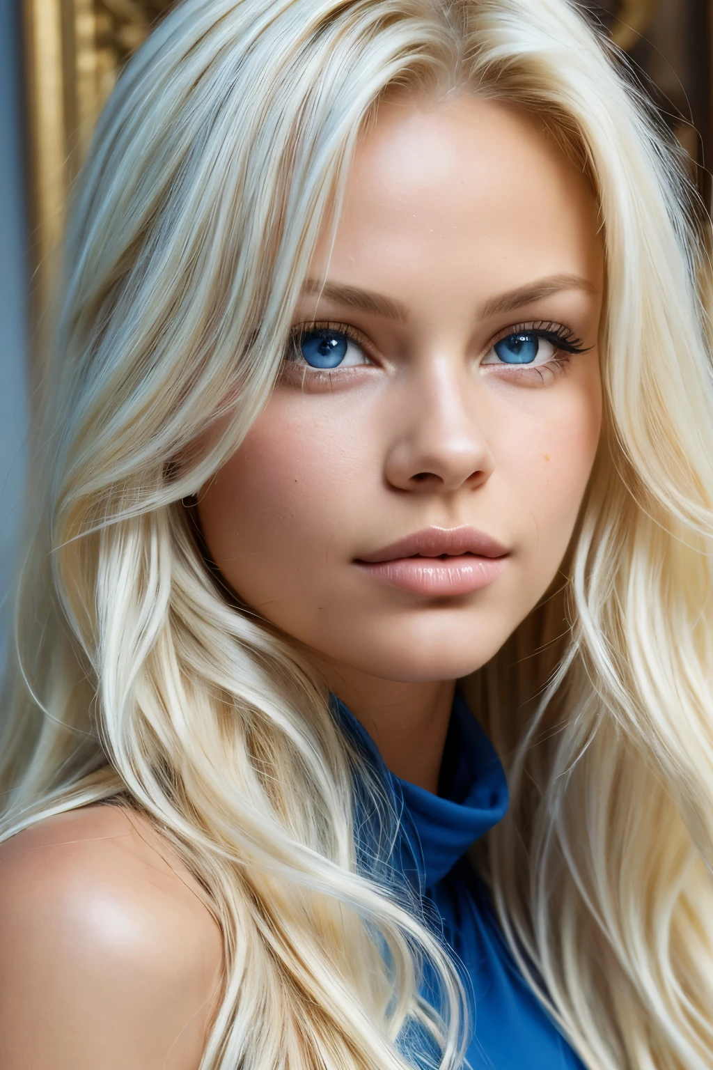 Pamela Anderson, long platinum blonde wavy messy hair, (detailed blue eyes), (((masterpiece, portrait, close-up))).
