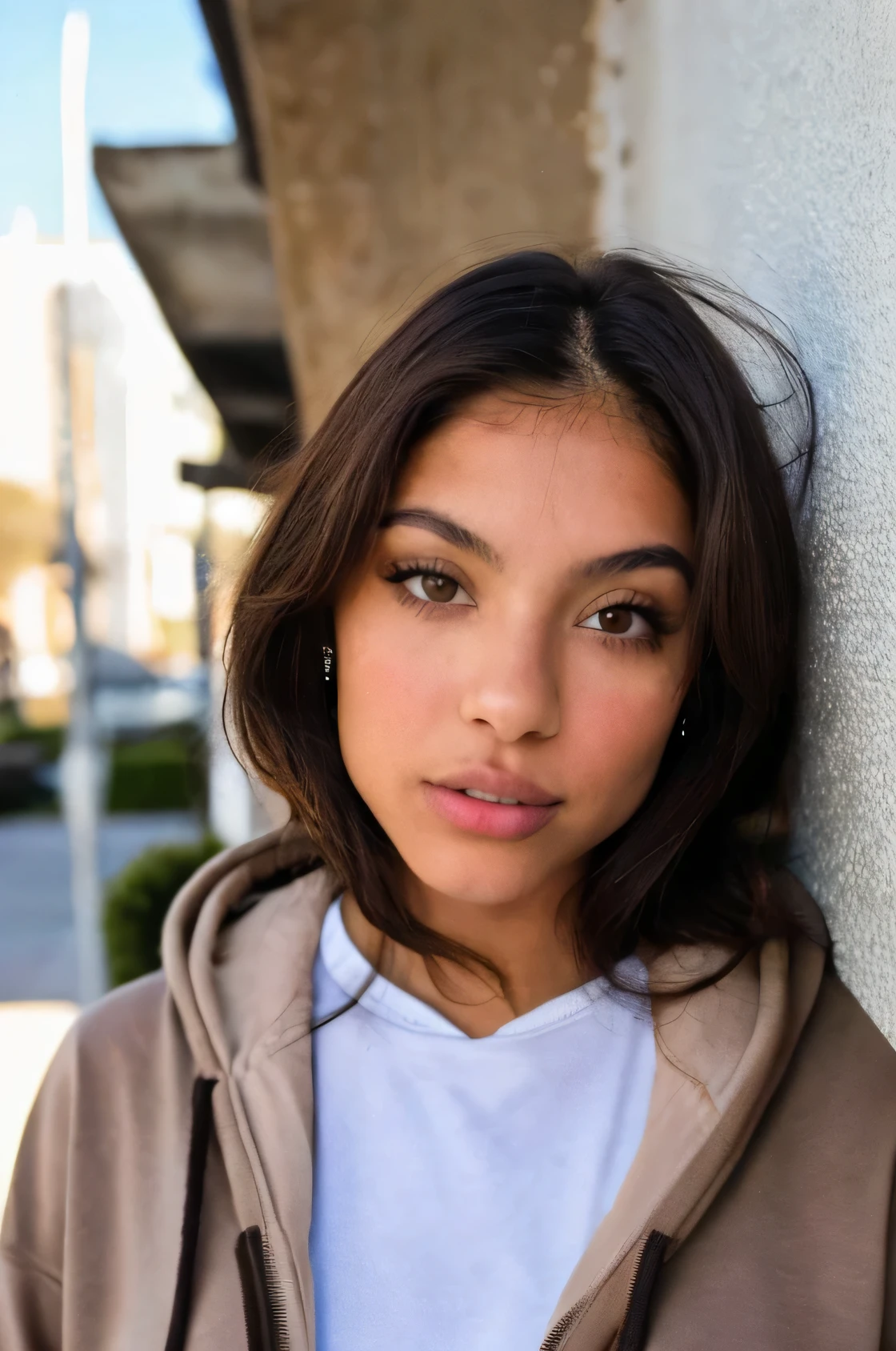 Thin latina model with light brown eyes and brunette wolfcut hairstyle with a hoodie on and standing near a wall with beautifull lighting