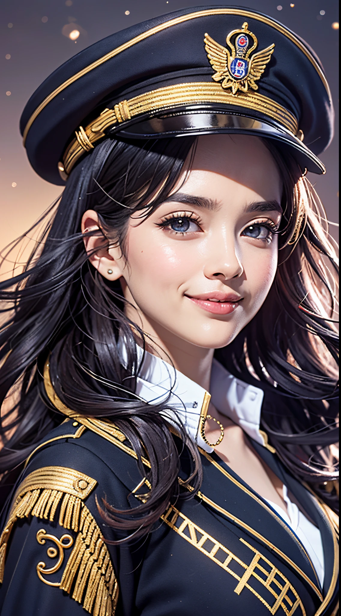 (UHD, retina, masterpiece, ccurate, anatomically correct, textured skin, super detail, high details, high quality, best quality, highres, 1080P, HD, 4K, 8k, 16k), (beautiful detailed eyes, beautiful detailed lips, extremely detailed eyes and face), studio lighting, physically-based rendering, vivid colors, (large breasts, glamorous body), (naval uniform coat, rank insignia:1.5), peaked cap, (portrait, shiny hair, shiny skin, blush, hair blowing in the wind), (simple background, bokeh:1.5), eye reflection, jet black hair, (smile and laugh:1.5),