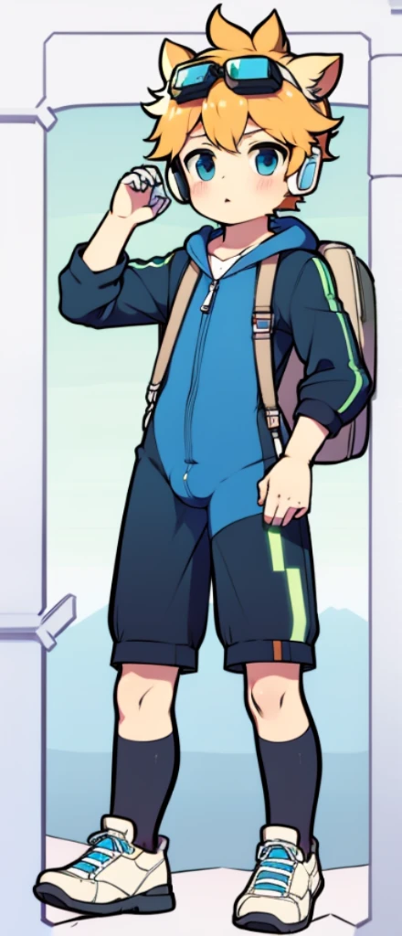 Two-dimensional boy Shota,One-piece hiking suit,Wear the headphones on your head,are standing,protective goggles,cow horn,Cow ears,athletic sneakers,