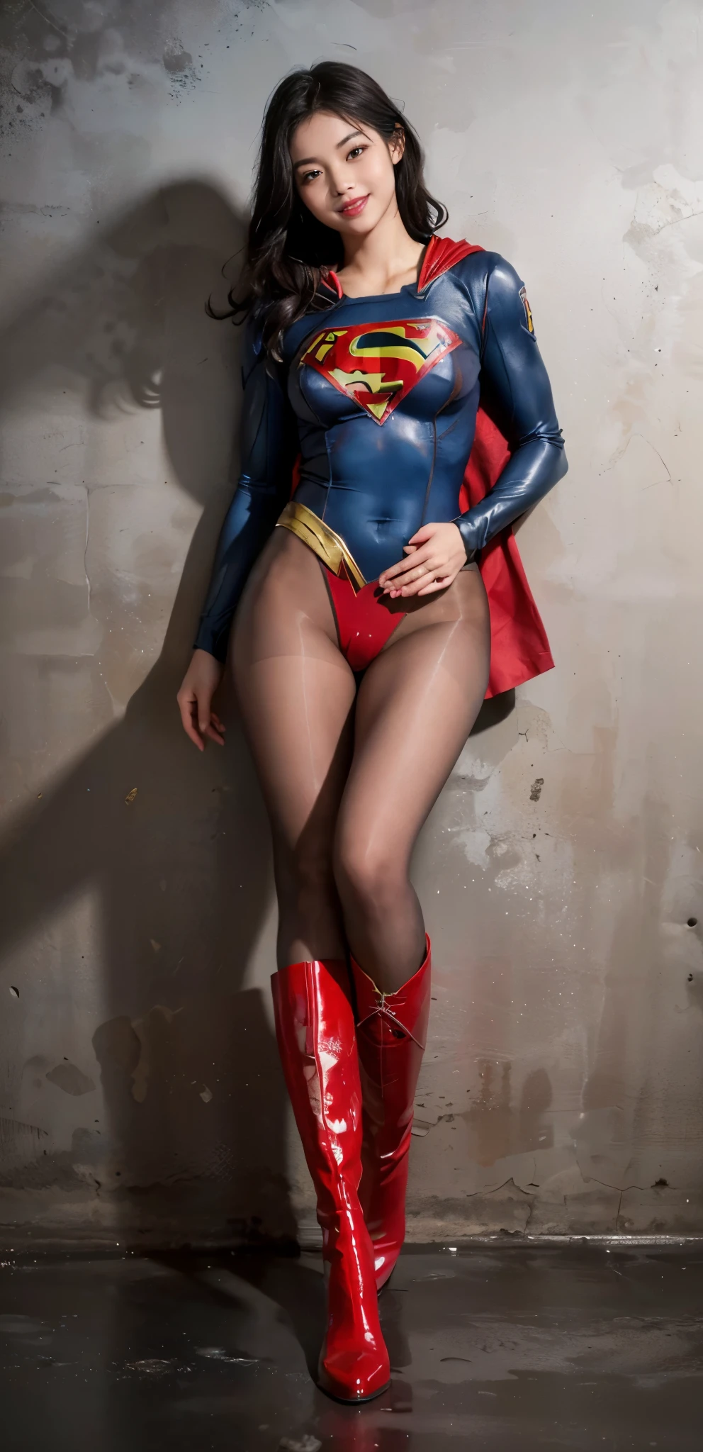 No background、Eyes closed、yawning being。Suffering、Hung、Are sleeping、lying back on、(((Wear black tights on your beautiful legs.)))、(((Grow legs、tall、Legally express the beauty of your smile)))、((((Make the most of the original image)))、(((Supergirl Costume)))、(((beautiful hairl)))、(((Suffering)))、(((Feet must necessarily be worn with black tights)))、(((You need to wear red boots)))、((Top image quality、8K))、((top-quality、8K、masterpiece:1.3))、(((Keep Background )))、Crisp focus:1.2、Beautiful woman with perfect body shape:1.4、Slender Abs:1.2、a wet body:1.5、Highly detailed facial and skin texture、8K