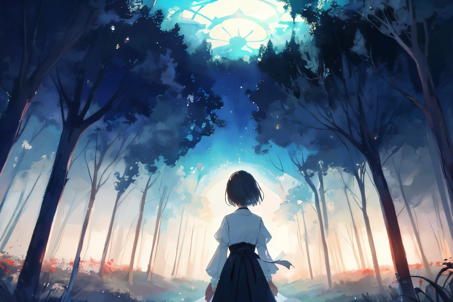 Create exquisite illustrations reminiscent of Makoto Shinkai's style, It has ultra-fine details and top-notch quality. Generate a high-quality illustration featuring a young girl standing before a path lined with apparitions, offering a slightly eerie yet overall nostalgic and fantastical ambiance. Craft a masterpiece with meticulous attention to detail, capturing the delicate balance between the unsettling and the enchanting. The artwork should evoke a sense of both eeriness and nostalgia as the girl faces a spectral congregation. Aim for the best possible quality, delivering a visually striking and emotionally resonant composition ultra detailed