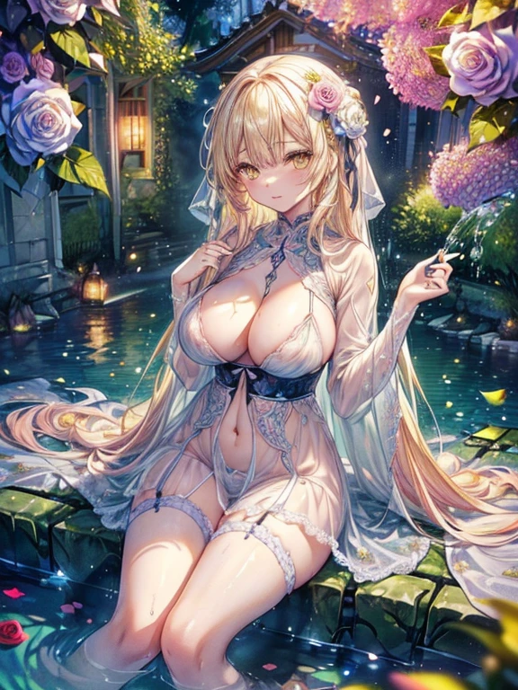 ((Finest quality)),(超A high resolution),(Ultra-detailed細),(Meticulous portrayal),((the most picturesque works of art),Ultra-Precision Art,The art of astounding depiction,Fantasyart:1.5, ((Beautiful flowers々:1.5)),((Creeper:1.5)), (Body eroded by flowers:1.3),Glamorous body:1.3,fancy background effects、masterpiece、Fancy details、(NSFW 1.1), ((1girl in)), ((masutepiece)), ((Highly detailed:1.3)), In crystal clear water,beautiful woman entering the lake, ((long yellow hair)), Wet hair, Wearing a light transparent dress, clothed bathing, steam, (Rose petals floating in water:1.3), Early morning light, Ivory Gold AI, windows, Crepscular lighting, 、Lace sheer underwear、very very gigantic boobs、Pink nipples、pink areolae,透けて見えるPink nipples、透明なpink areolae、lace and string shorts.、princess carry,Sexy lingerie with lace and strings,See-through sexy lingerie,Transparent lingerie、translucent dress、pearlsescent、pearls、Sexy Harness、Sexy garter belt、Sexy Stockings、Well equipped,intimate, rose garden、Multicolored roses、lake with floating roses、Lying down、Open legs、Spread your legs、Open thighs、Immersion in water、Wet body、splash water、gorgeous flower decoration、big flowers、stylish hair、Moon, lantern, Night, Solo, playing in the water, Water, hair flower, flower, Outdoors, skyporn, full Moon, Rain, lantern, wet clothes, skyporn, wet hair (((masutepiece),(the Extremely Detailed CG Unity 8K Wallpapers),Best Quality,Cinematic lighting,Detailed background,Beautiful detailed eyes,Bright pupils, (extremely delicate and beautiful),(Beautiful and detailed eyes description), Ultra-detailed,masutepiece,)),((Yellow eyes))、