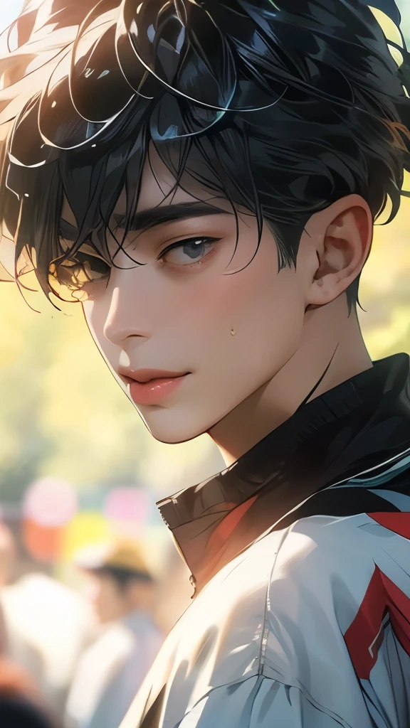 (absurd res, A high resolution, ultra - detailed, HighDynamicRange), tmasterpiece, Best quality at best, 详细的脸, (Handsome man&#39;s face), Take a walk in the park , Detailed characters, Detailed park outdoor,A handsome 28-year-old Asian boy,walking in the park,feeling a bit happy shy and strong,wearing sportswear ,the boy eyes are affectionate and a little dazed,looking into the distance,the shooting angel is parallel to the boy and 45 degrees, 85mmレンズ,Warm colors, retro style