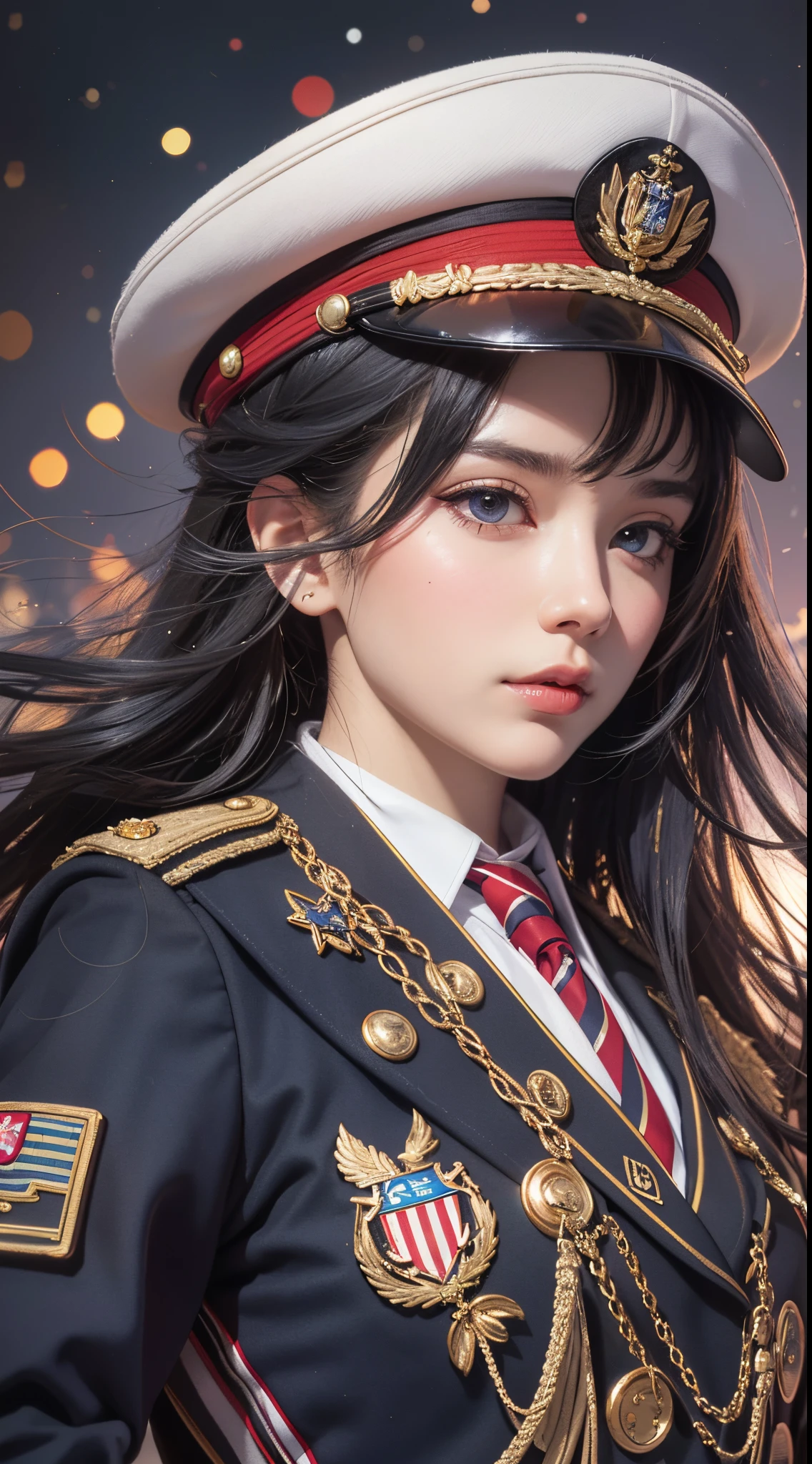 (UHD, retina, masterpiece, ccurate, anatomically correct, textured skin, super detail, high details, high quality, best quality, highres, 1080P, HD, 4K, 8k, 16k), (beautiful detailed eyes, beautiful detailed lips, extremely detailed eyes and face), studio lighting, physically-based rendering, vivid colors, (large breasts, glamorous body), (naval uniform coat, rank insignia:1.5), peaked cap, (portrait, shiny hair, shiny skin, blush, hair blowing in the wind), (simple background, bokeh:1.5), eye reflection, jet black hair,