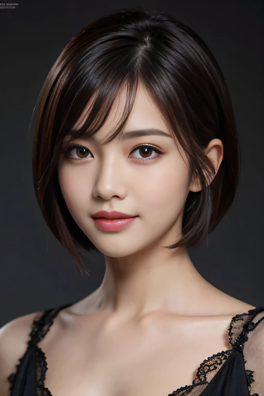 Best quality, realistically, ultra - detailed, Detailed pubic hair, A high resolution, solid color backdrop，8k wallpaper, 1 handsome woman,Short hair details,  Wear a dark suit, lock focus, Perfect dynamic composition, beautidful eyes, Delicate hair, 细致realistically的皮肤纹理, Smiling, closeup portrait, Model body type