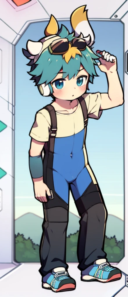 Two-dimensional boy Shota,One-piece hiking suit,Wear the headphones on your head,are standing,protective goggles,cow horn,Cow ears,athletic sneakers,