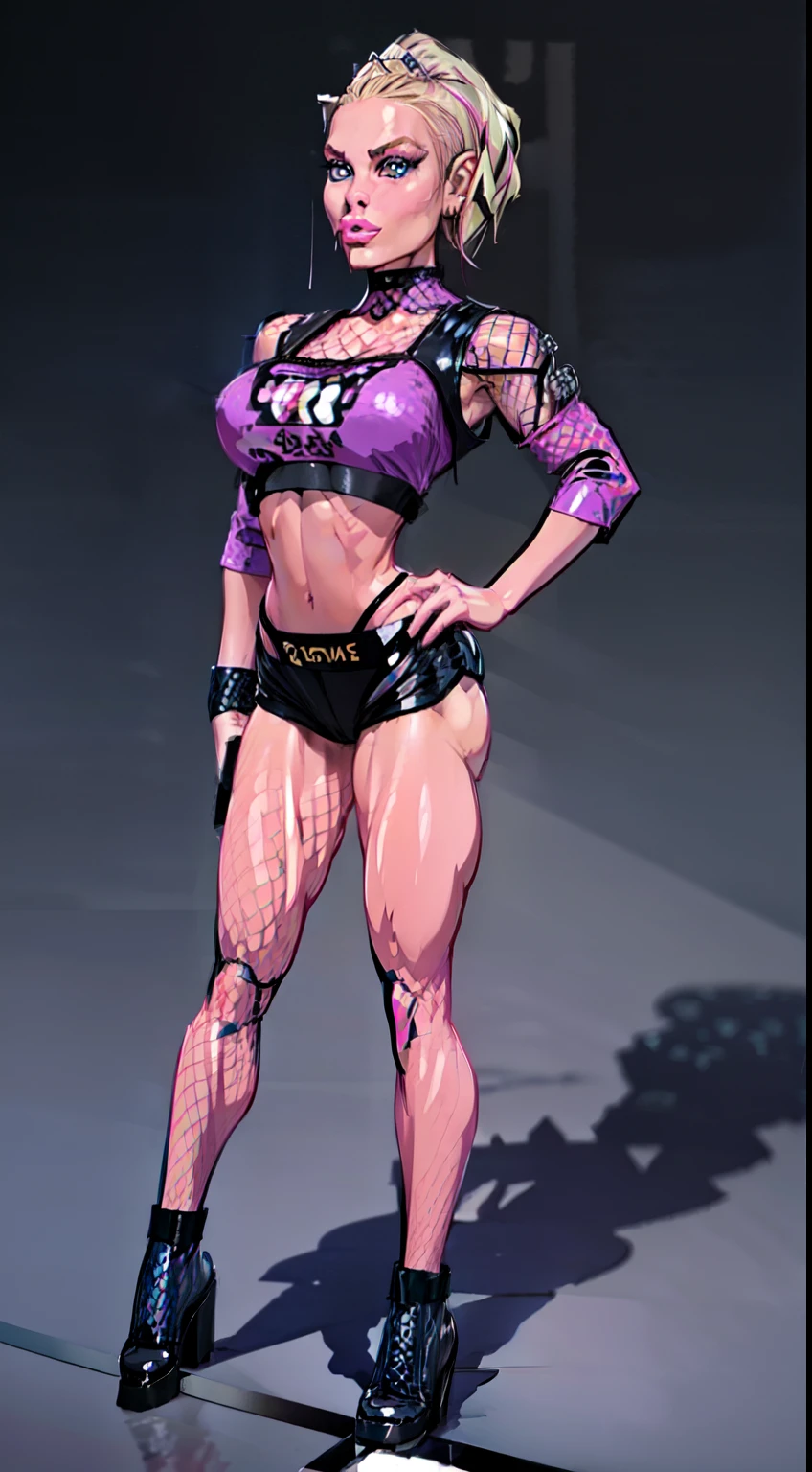 Single Anime female, Short, wolf tail, blue eyes, (wide hips:1.4), wearing short denim shorts, thigh high fishnets, black combat boots, wearing fur lined open pink jacket, flat chest, super flat chest, wearing cropped t-shirt, solo thicc thighs, wide hips, blue eyes, perfect eyes, perfect face, (((wearing fishnets)))