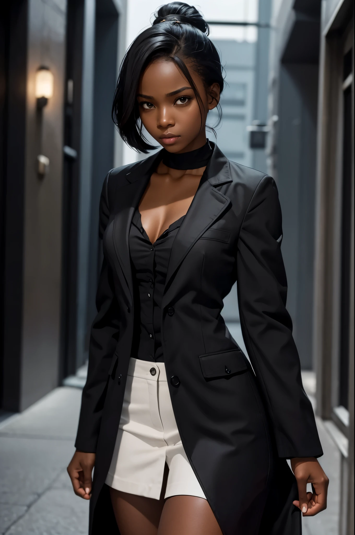 Hot (black) girl, blank eyes, Dominant demeanor, wearing detective clothes, petite, small chest