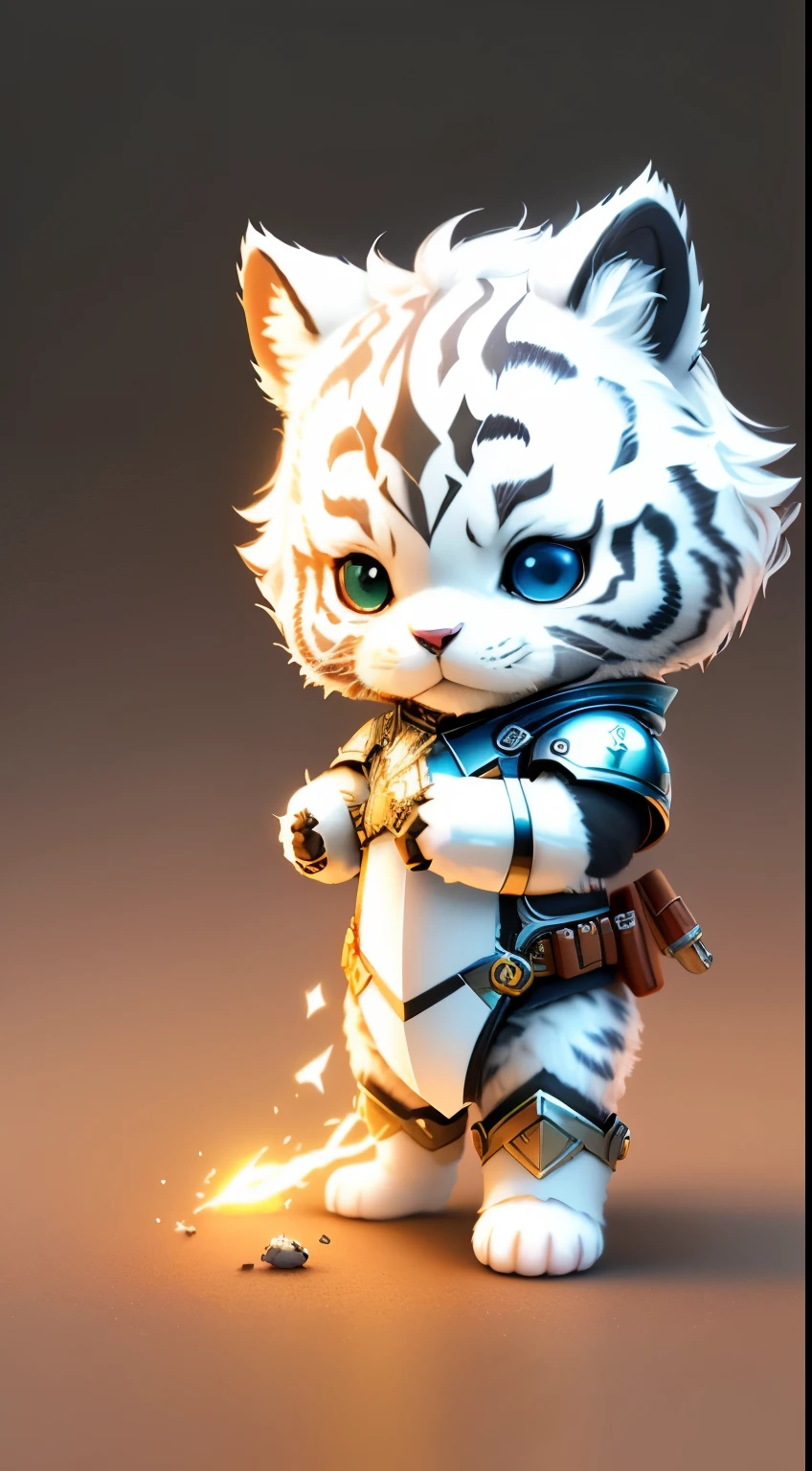 Cute little surreal white tiger with different colored eyes wearing armor, Chibi, adorable and fluffy, Logo Design, cartoon, cinematic lighting effect, Charming, 3D vector art, Cute and quirky, Fantasy Art, Bokeh, handdraw, Digital Painting, Soft lighting, isometric style, 4K resolution, photo realistic render, Highly detailed clean, Vector image, photo-realistic Masterpiece, Professional Photography,  Space background, Flat white background, isometric, 鮮やかなVector image