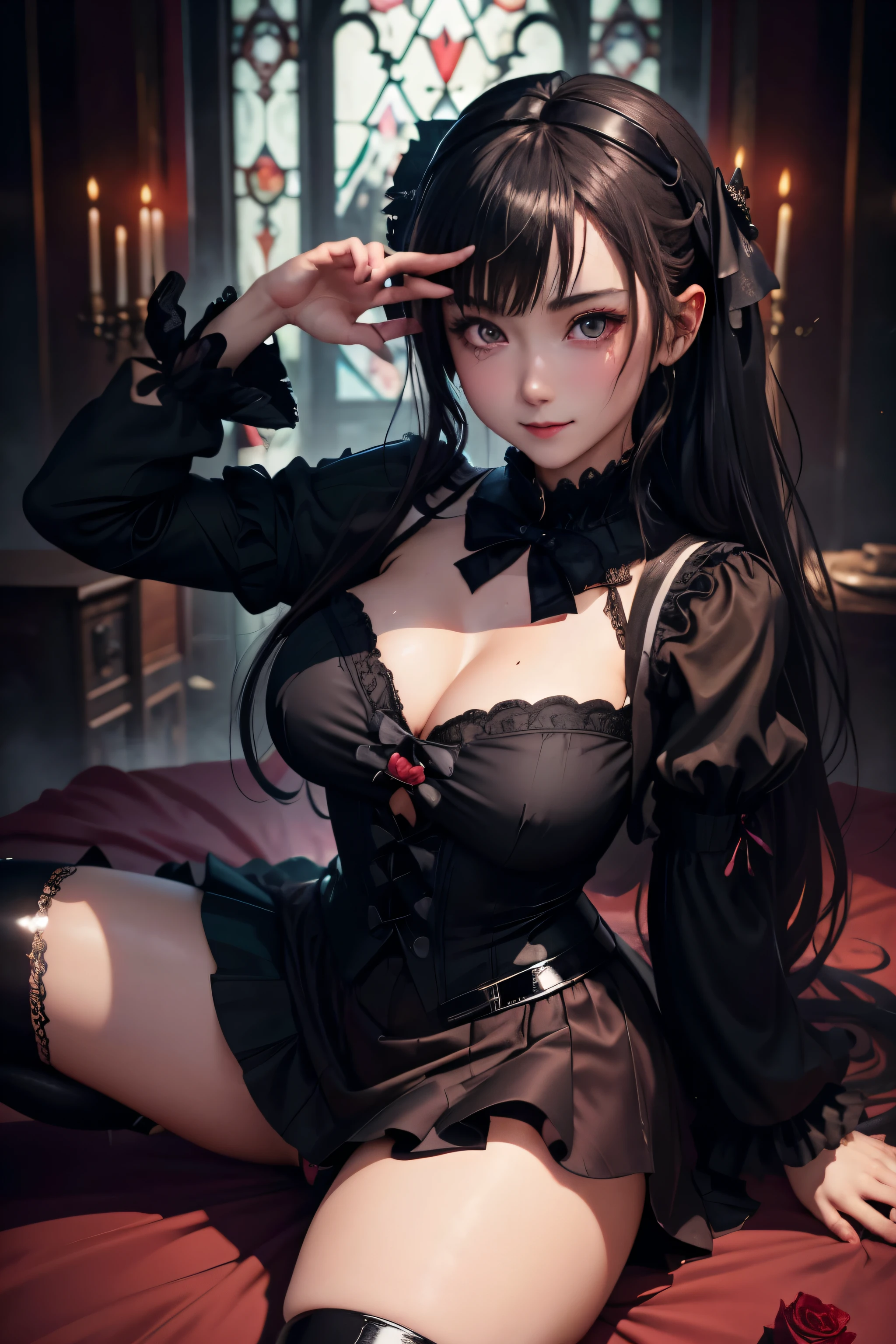 ハードDark Gothicメイク、Maniacal、Deep night sky、horor、Black Dark Eyeshadow、crying how bright、mourn、Good skin luster、Dark Gothicメイク、Dark smile、Restless Palace、Expressions of sexual arousal、Fragrant beauty、22year old、Lying、seductiv、Strong sexual pleasure facial expressions、A look of shame、Dark Gothic、Gothic ta、bell sleeves、Wizard Sleeve、Obscene look、stain glassが背景、masutepiece、Best Quality、Refers to 5 books、Sweat glitters on my chest、Expression of sexual pleasure in anguish、Drunken face、maid clothes、Mysterious、noble、Face holding back the toilet、the body is wet and shiny、Transcendent sex appeal、Lots of glitter on the thighs、I'm sweating a lot、Affectionate smile、twin-tail hair、my thighs are so wet、jet black ruffle skirt、right blue eye, left eye is red、Gothic bed covered with roses、Transcendent Bewitching Pose、stick out buttocks、knee high socks、thigh-high socks、A lot of sweat and stickiness on the thighs、Plenty of plump, shiny thighs、Sweat shining generously on the thighs、The whole body is shiny with sweat、platform heel shoes、Quite sweaty、My thighs are sweaty、heavy make up、breast size modest、black lipstick、stain glass、black metal world、sloppily open your legs、Beautifying the world、sit on a bed of roses、Gothic loliput your hair up、a little slender、super dark pink hair、Long hair straight hair、cute gothic lolita d、美丽的面容、Elegant face、Bewitching look、