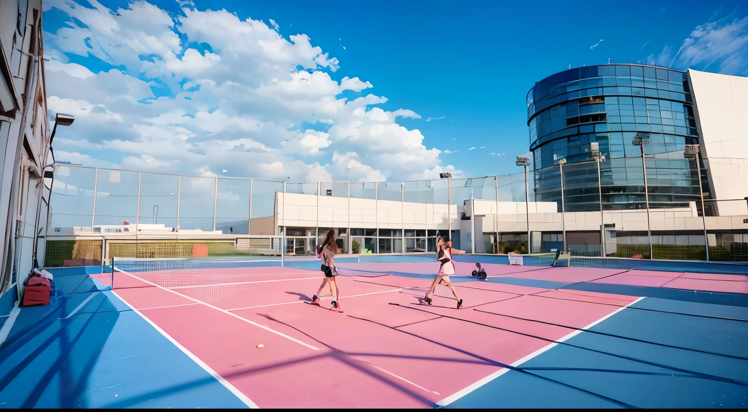 there are two people playing tennis on a pink and blue court, tennis court, playing tennis, an aerial tennis court, a girl playing tennis, The photo shows a large, sport, sports settin球场背景, Rice stock photos, Nikon Z9 shot, Leisure activities, Professional works, futuristic sport arena