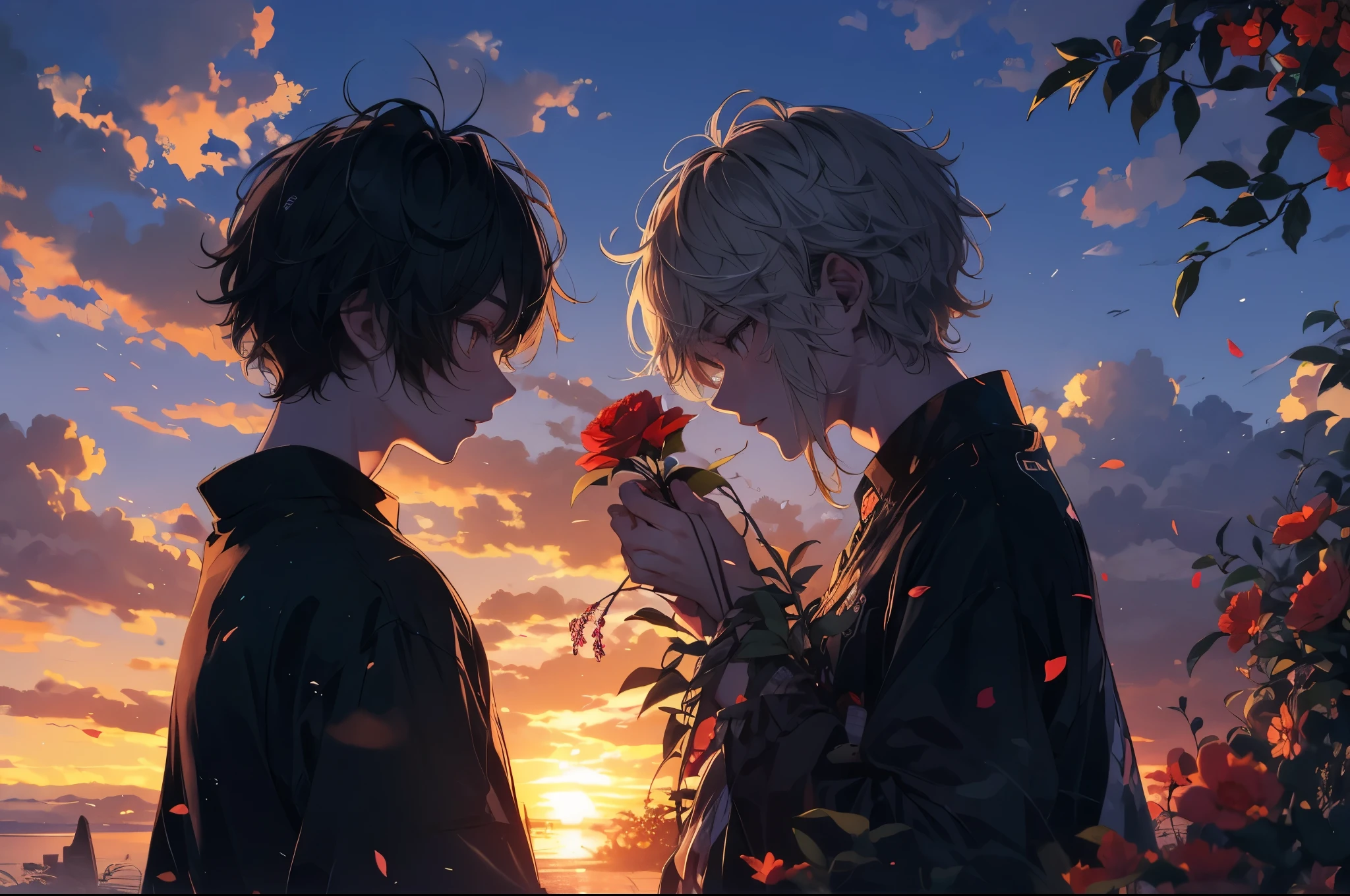 Under a beautiful sunset sky, two anime-style young men stand facing each other. On the right, a young man with short blonde hair partially covers his face with a red flower. On the left, a young man with long black hair, wearing a loose-fitting black garment, gently places his hand on the other’s face. They appear to share a deep bond, illuminated by the soft light of the setting sun. The background exudes a calm and romantic atmosphere, emphasizing their emotional connection.high quality, amount of drawing, pixiv illustration