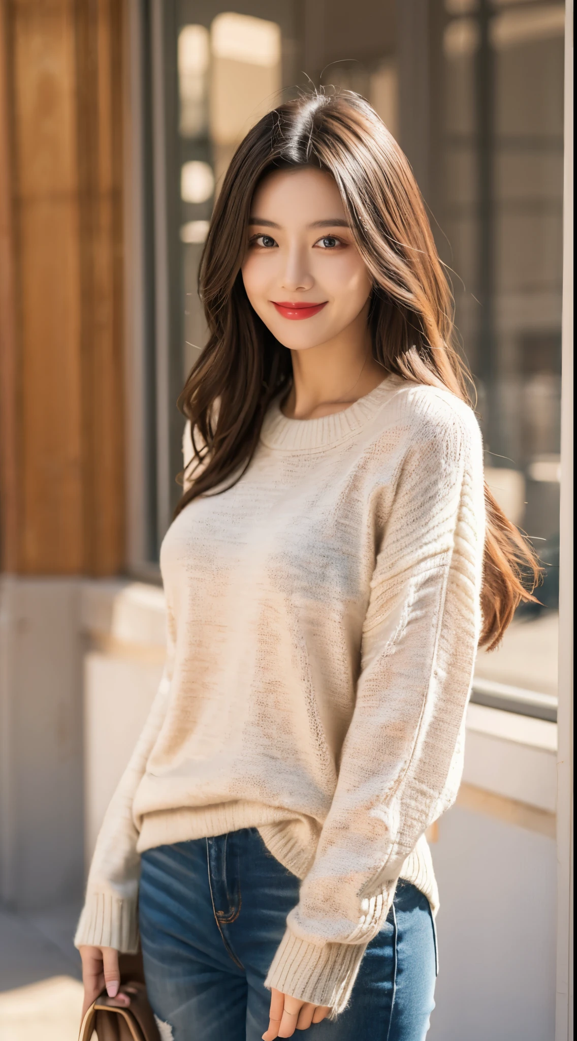 Very beautiful、femele、nice sweater、A slight smil