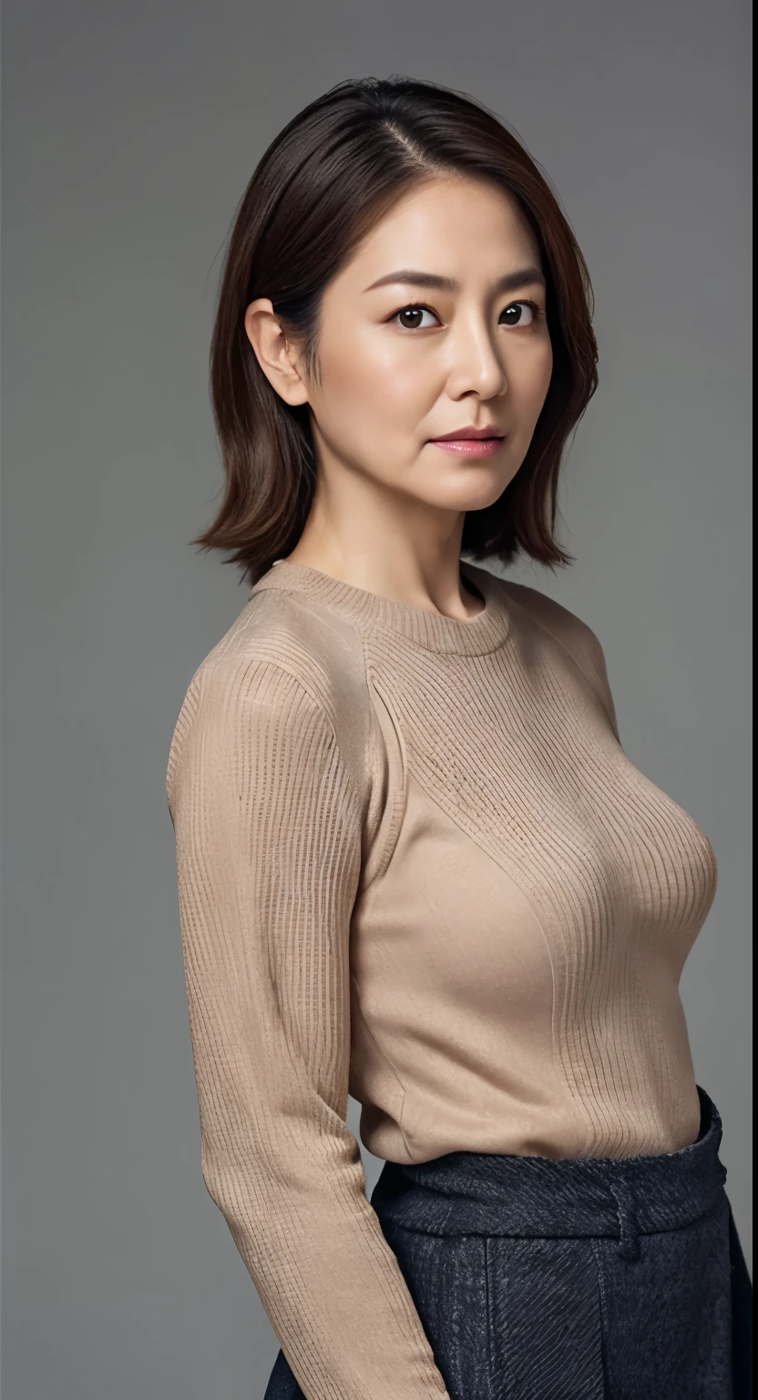 hight resolution, high-level image quality, high detailing, ​masterpiece, Textured skin, tre anatomically correct, sharp, greybackground((japanese mature, 70yo)), 独奏, ((Wrinkles on the face)), large breasts with good shape, Light brown straight hair that reaches to the shoulders, chubby figure (((Stand upright facing the center of the screen))), Close your mouth and look straight ahead with a serious face, Sweaters, skirt by the, ((cowboy  shot)),