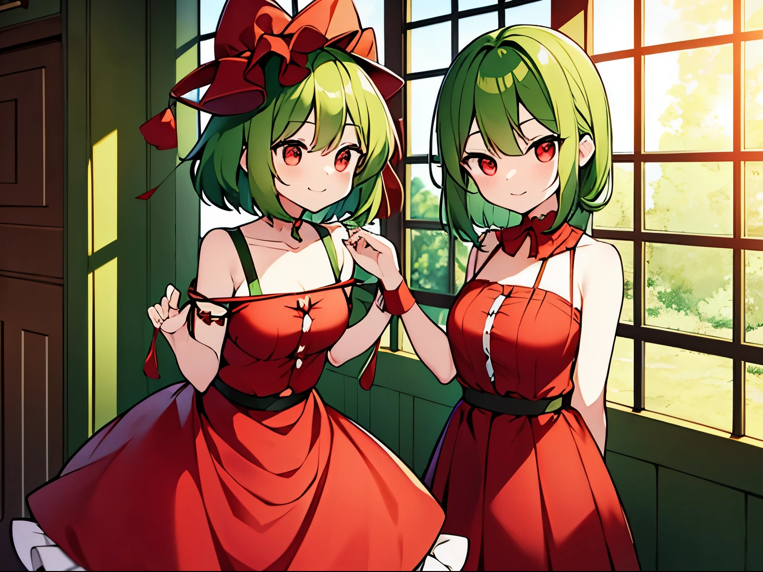 green_hair,red_dress,red_headwear,touhou_project,hina_kagiyama,bondage,1_girl,2_man