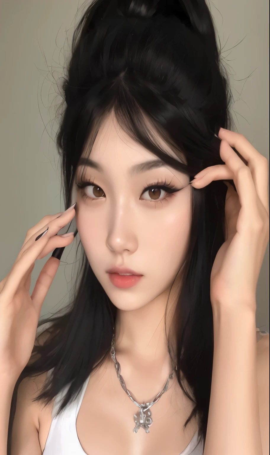 Un primer plano de una mujer con cabello largo y negro y un collar, ulzzang, cruel korean goth girl, Chica coreana, maquillaje popular de Corea del Sur, cabello negro y ojos grandes, Cara sexy con maquillaje completo, Hermosa mujer surcoreana, maquillaje coreano popular, Chica de anime en la vida real, Hermosa joven coreana, Hermosa Delphine, Wan adorable cara coreana