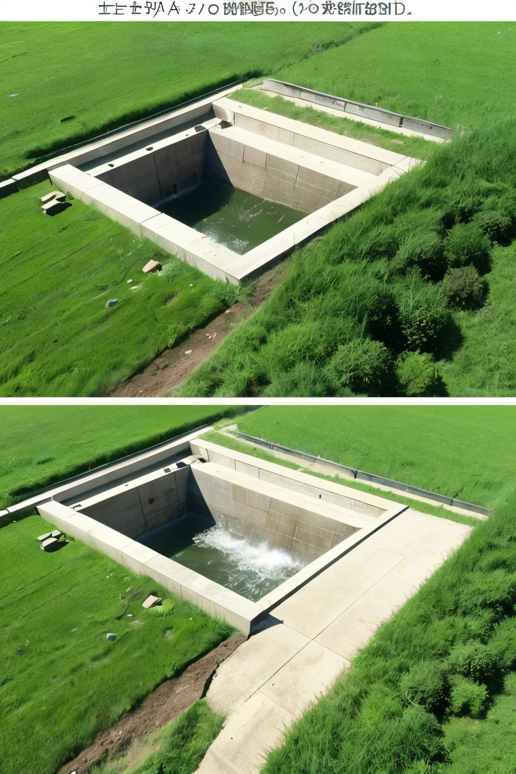 water that enters from rivers in the plains、
Build a concrete retaining wall about 2 meters high、The size is 5 hectares。The surrounding area is a flat field with nothing but grass.。
shaped like a small dam、I want to create a perspective image of a water treatment plant that supplies treated water locally.。
Drawing from diagonal perspective。