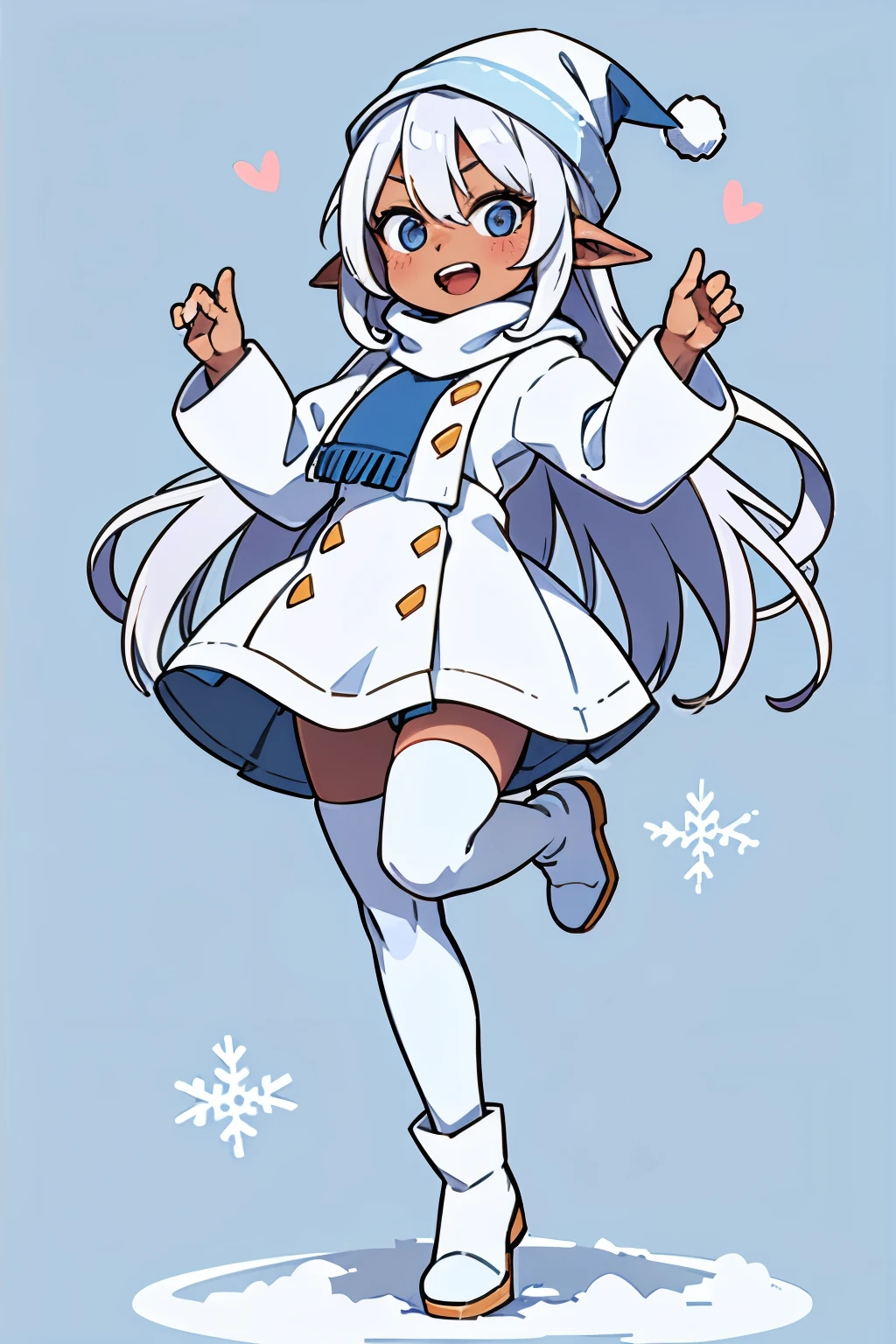 Stand in front of the photo、1girl in, (((dark skin))), Full body,long white hair,long boots,Open mouth and big smile、kawaii pose、Flowing iridescent silk、Wearing colored tights、up of face、Eye Up、Colorcon with heart pattern、Floral dress、Posing with a snowman、snowscape、season: Winter, snow, (pale blue background), whites and blues, white santa hat, scarf, cold