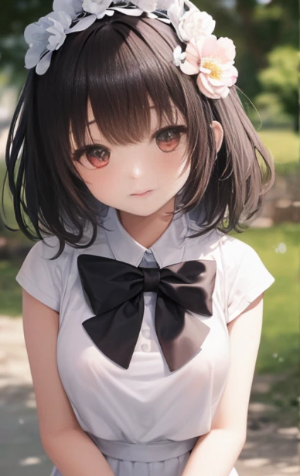 High resolution, Highest quality,  super high quality, Very detailed, 8K、Embarrassing、Sweaty、Sweat、Embarrassing、(masterpiece:1.2, Highest quality), (Realistic, photoRealistic:1.4), Beautiful illustrations, (Natural Side Lighting, Cinema Lighting), View your viewers, whole body, 1 Girl, Japanese, high school girl, Perfect Face, Cute and symmetrical face, Shiny skin, Baby Face, (short hair, Low twin tails,Black Hair), black eye, Big eyes, Droopy eyes, (Center of , Captivating thighs, Big )