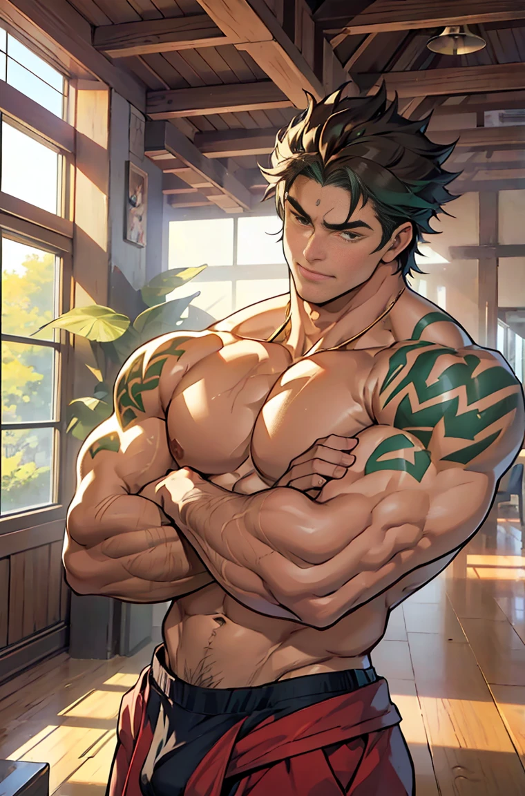 show off thick arms to the audience,Side Body,Sense of evil,Sharp eyes,Upper body clothes,closeup of arms,The protagonist enthusiastically hugged a thinner and shorter peer around his waist. The peer looked full of enjoyment.,There are strange dark green patterns on his shoulders,Shoulders exposed,Stout arms,Shoulders very broad,Muscles protrude a lot,Bulging crotch,Highest image quality,Pessoas do sexo masculino,Child,1 menino,jovem e bonito,Shoun,Cabelo liso curto,Pele escura,Anime peito grande,anime wallpaper,sozinho,Foco Masculino,cuecas,Dilation of the pectoral muscles,capa vermelhirilha saliente,Fundo Urbano,Espalhe as pernas,sexy,(master part, best quality),meias brancas longaotas Red Martin,((Exaggerated bulge of muscles)),The protagonist is very tall and his head almost reaches the ceiling.,The background is in an interior with vintage furniture and vintage wooden floor surrounding,Lush woods outside the window,musclebound and hulking, muscular characters, super buff and cool, tall and muscular, muscular!!, very buff, 2 muscular attractive men, massive muscles, big muscle, Muscular men, Two anime handsome men, muscular!, gigachad muscles, muscular bodies, muscular character,