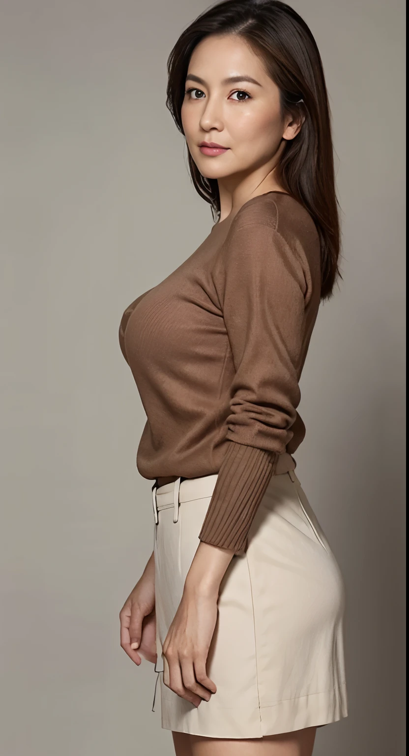 hight resolution, high-level image quality, high detailing, ​masterpiece, Textured skin, tre anatomically correct, sharp, greybackground((japanese mature, 75 years old)), 独奏, ((Wrinkles on the face)), large breasts with good shape, Light brown straight hair that reaches to the shoulders, chubby figure (((Stand upright facing the center of the screen))), Close your mouth and look straight ahead with a serious face, Sweaters, skirt by the, ((cowboy  shot)),