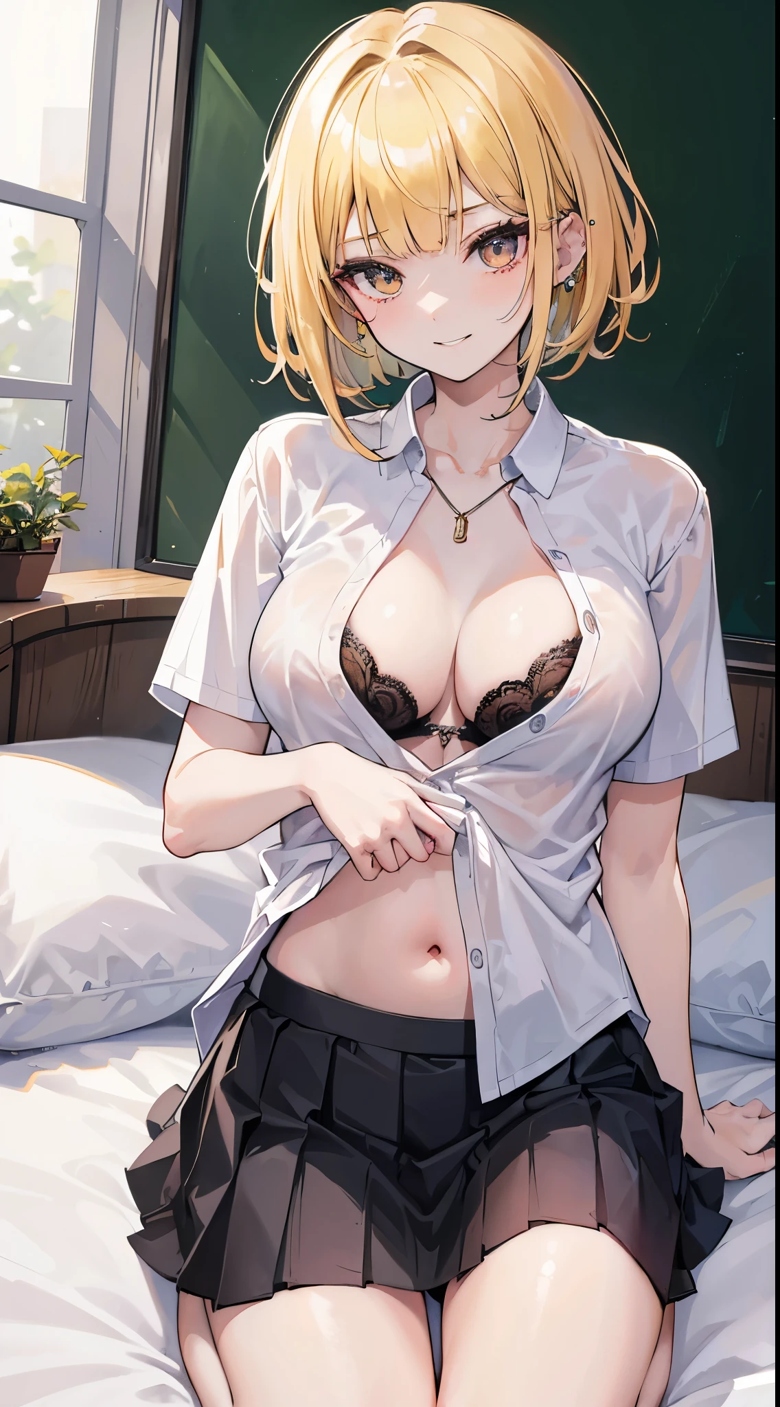 (8K、Top image quality、top-quality、masterpiece)、A detailed face、1 girl in、a blond、bob cut、blunt bangs、Golden eyes、piercings、evil smile、large full breasts、((((Unbuttoned school uniform))))、shortsleeves、(black bra)、a necklace、Black Mini Pleated Skirt、((skirt lift))、(black panties)、((kneeling))、on the beds、POV、bedroom background