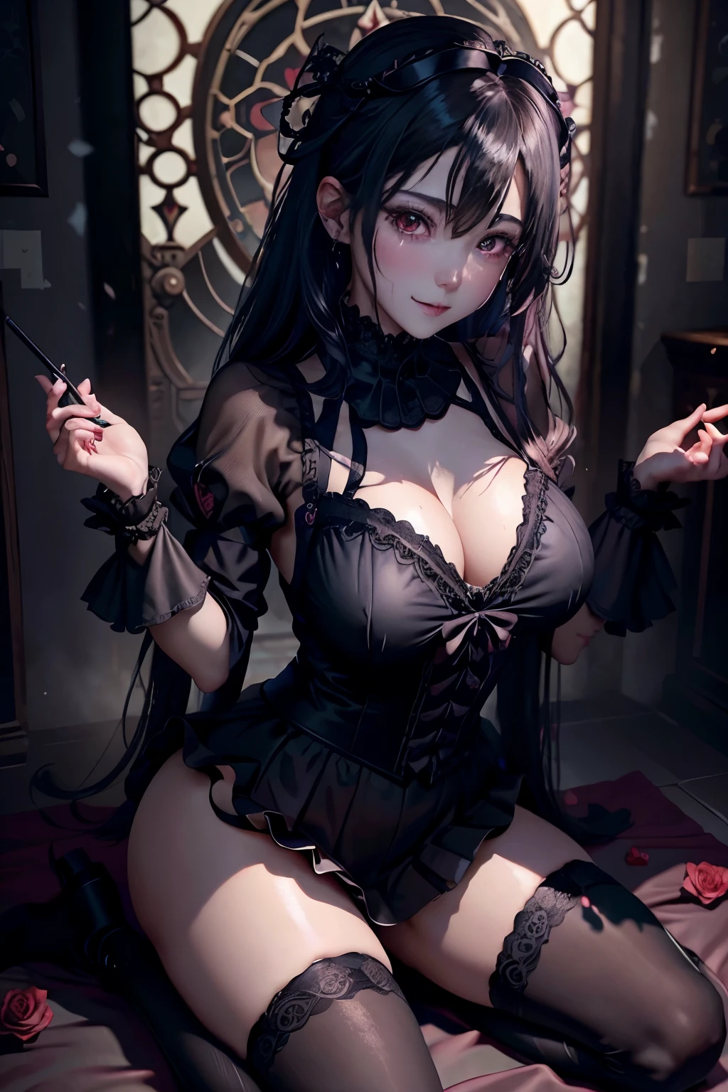 ハードDark Gothicメイク、Maniacal、Deep night sky、horor、Black Dark Eyeshadow、crying how bright、mourn、Good skin luster、Dark Gothicメイク、Dark smile、Restless Palace、Expressions of sexual arousal、Fragrant beauty、22year old、Lying、seductiv、Strong sexual pleasure facial expressions、A look of shame、Dark Gothic、Gothic lolita、bell sleeves、Wizard Sleeve、Obscene look、stain glassが背景、masutepiece、Best Quality、Refers to 5 books、Sweat glitters on my chest、Expression of sexual pleasure in anguish、Drunken face、maid clothes、Mysterious、noble、Face holding back the toilet、the body is wet and shiny、Transcendent sex appeal、Lots of glitter on the thighs、I'm sweating a lot、Affectionate smile、twin-tail hair、my thighs are so wet、jet black ruffle skirt、blue eye on the right, Red eye on the left、Gothic bed covered with roses、Transcendent Bewitching Pose、stick out buttocks、knee high socks、thigh-high socks、A lot of sweat and stickiness on the thighs、Lots of sticky shiny thighs、Sweat shining generously on the thighs、The whole body is shiny with sweat、platform heel shoes、Quite sweaty、My thighs are sweaty、heavy make up、Breast size is modest、black lipstick、stain glass、black metal world、sloppily open your legs、Beauty the world、sit on a bed of roses、Gothic lolita服、put your hair up、A little slender、super dark pink hair、Long hair straight hair、cute gothic lolita dress、美丽的面容、Elegant face、Bewitching look、