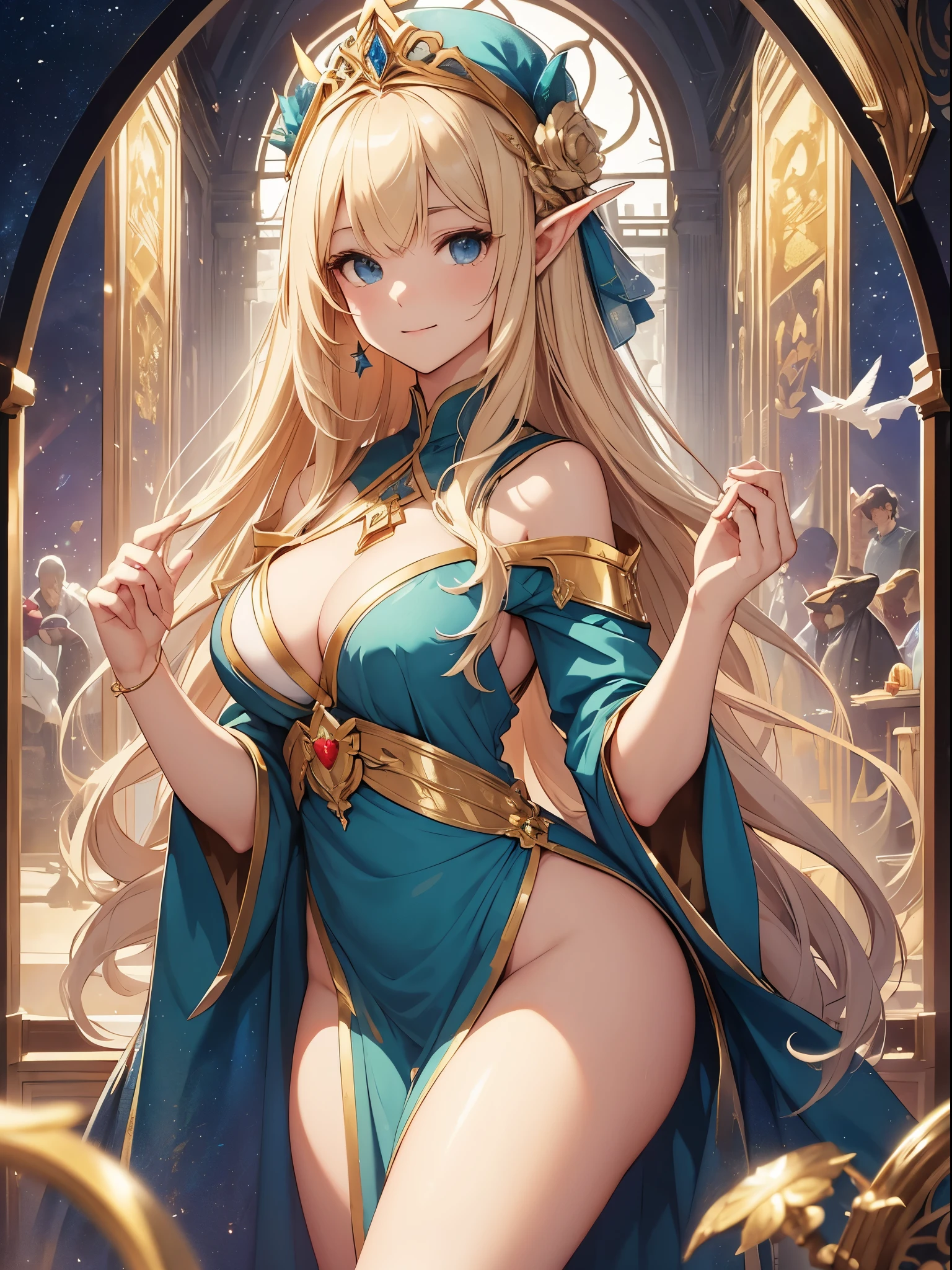top-quality、Top image quality、masterpiece、Super beautiful elf beauty((24 year old、Best Bust、big bast、Bust 90,beautiful long ironed hair、a blond、globe、A sexy、A slender、a closeup、Esbian、beautiful tiara、hiquality、Beautiful Art、Background with((starrysky)))masutepiece、visualart、depth of fields、low angle of morning sky、、Elven ears、、light magic、Space Knight、harp melody🎵、Happy smile、Gentle light、、Beautiful legs that are gentle on the skin、、、Number of fingers to achieve precise finger movements、ticker beautiful decorative underwear、elegent、Mystical Rosa、 Heaven、Marble pillars, beautiful dressy、magnificent marble dome、巨大なglobe、religious painting、Hug the earth、Temple of Time、Great watch、hour glass、sundial、moment of creation!myth、alphonse mucha art、art noveau、byzantine art、golden mosaic decoration、Japanese folding screen painting、gold foil、Flowers and Birds Fugetsu、Raphael paintings