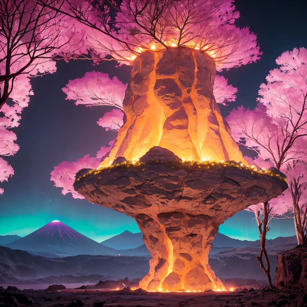 Light orange style,Purple pink series,Alien Hexagonal Base (Nipples are very delicate) In a hexagonal mountain oasis,There are several hexagonal exhaust fans and chimneys, some neon lights project from the base,Light up the night), There are some clouds in the night sky, Some surrounding planets provide air to unknown planets,The most remote giant hexagonal volcano erupts,the rainforest