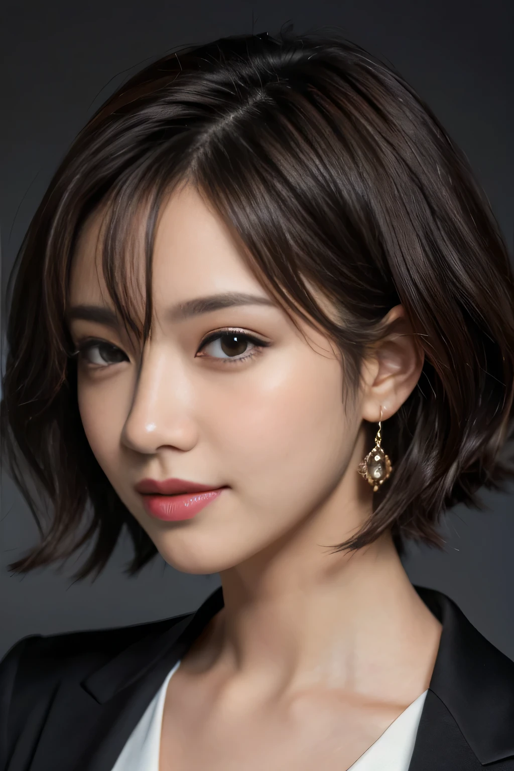 Best quality at best, realistically, ultra - detailed, Detailed pubic hair, A high resolution, solid color backdrop,8k wallpaper, 1 Beautiful woman,Short curly hair details, Wear a dark suit, lock focus, Perfect dynamic composition, beautidful eyes, Delicate hair, 细致realistically的皮肤纹理, Smiling, closeup portrait, Model body type
