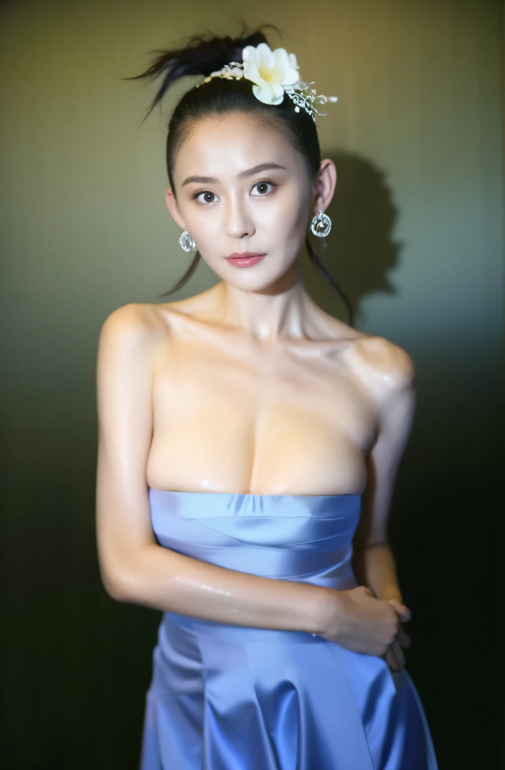 a woman standing indoors,A man hugged me from behind,There is a flower on the head, 张曼玉, xue han, yun ling, xintong chen, lulu chen, wu liu, wenfei ye, Lynch Peak, fan bingbing, Inspired by Pan Yuliang,Popular topics on cgstation, W Loppuuu glowing skin, Open V-shaped corset,Lop,Bust size and work,humongous large breast,W Loppuuu glowing skin, Japan goddess, The skin is wet and shiny!!, Overlays and SFW, photorealistic perfect body, Realistic gravure idols, Hyper-realistic picture, an oppai cyberpunk, beautiful detailed body and face
